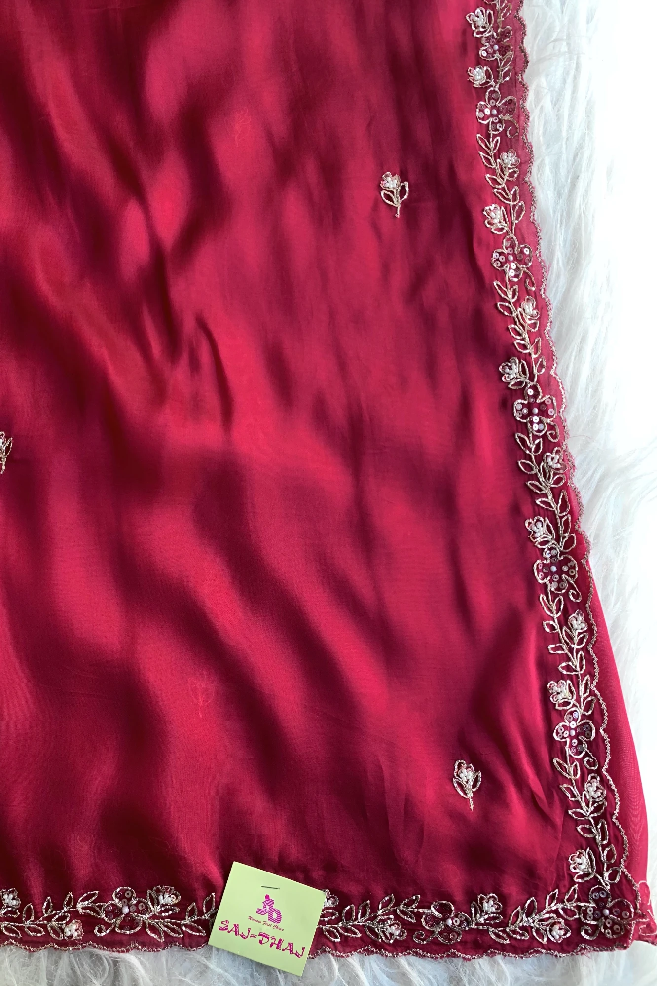 Dark Pink Embellished Habutai Silk Saree 5359 01