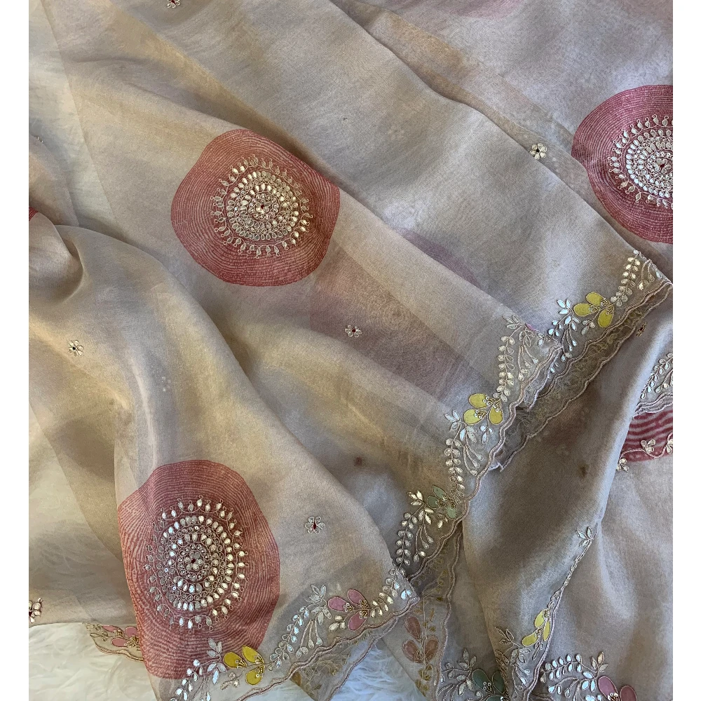 Gota Patti Organza Saree with Tie Dye Effect (beige+Pink) 5838 01