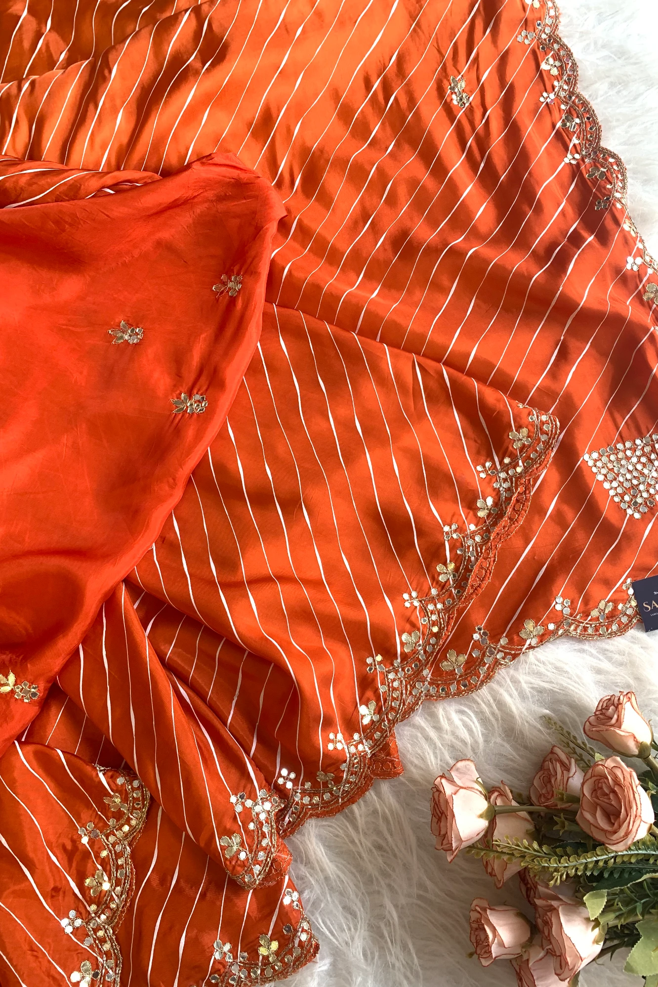 Orange Leheriya Russian Silk Saree with Gota Patti 5846 06