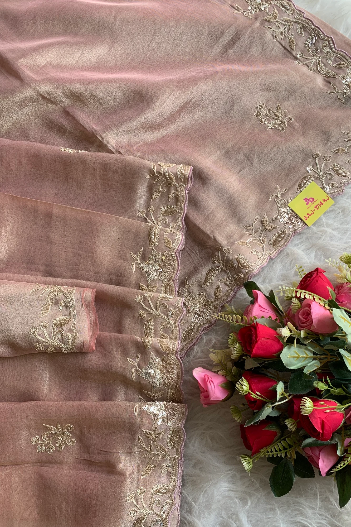 Beige Aari Thari Embellished Tissue Saree 5760 01