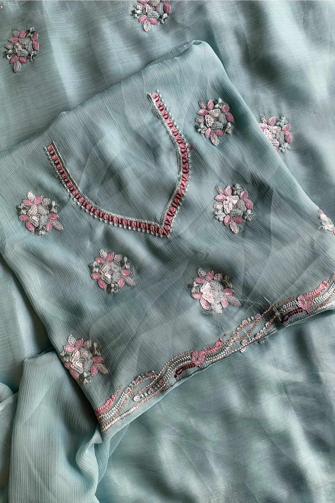 Sea Blue Embroidered Chinnon Georgette Saree 4894 01