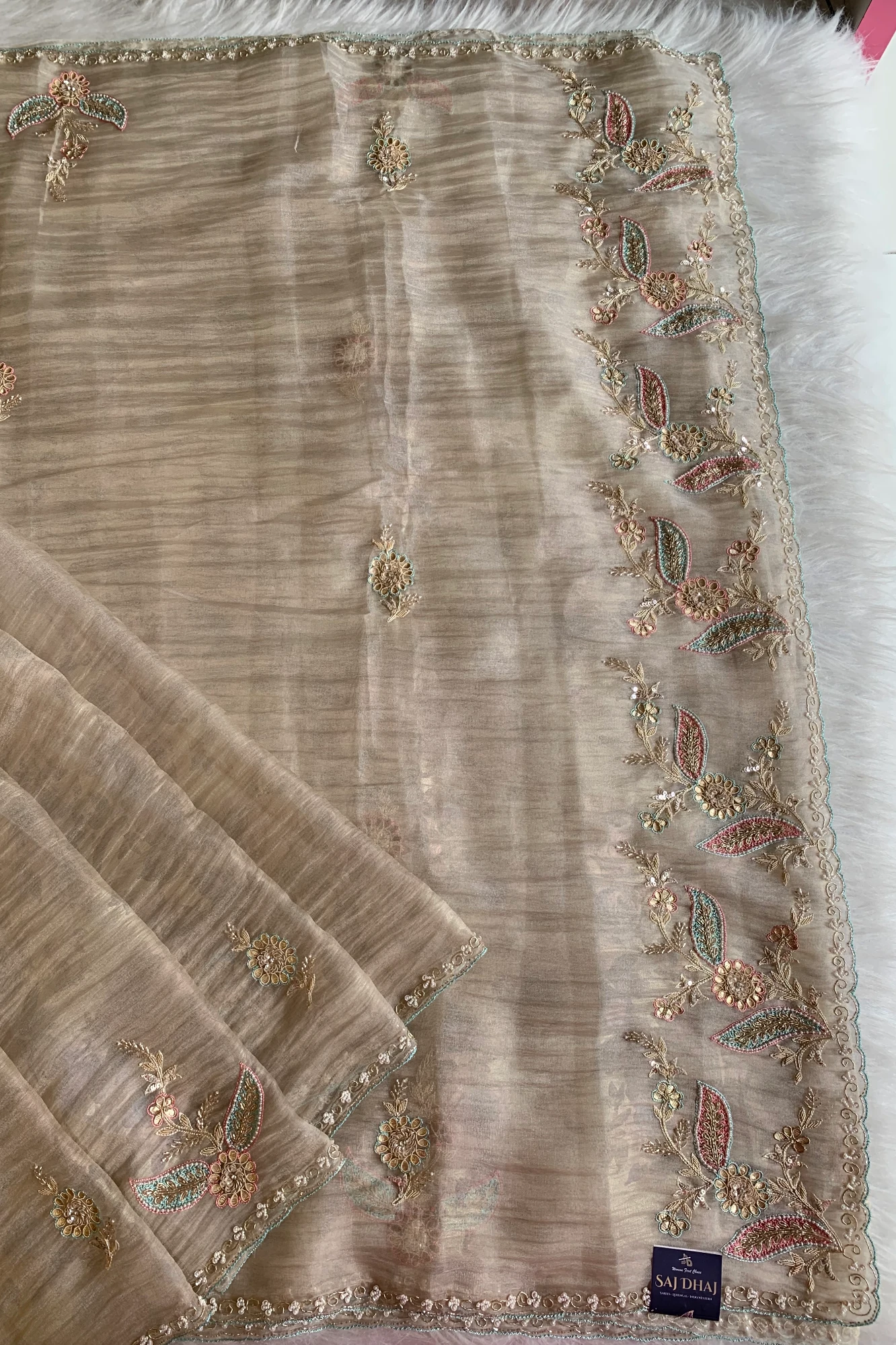 Beige Embellished Crush Organza Saree 5850 11