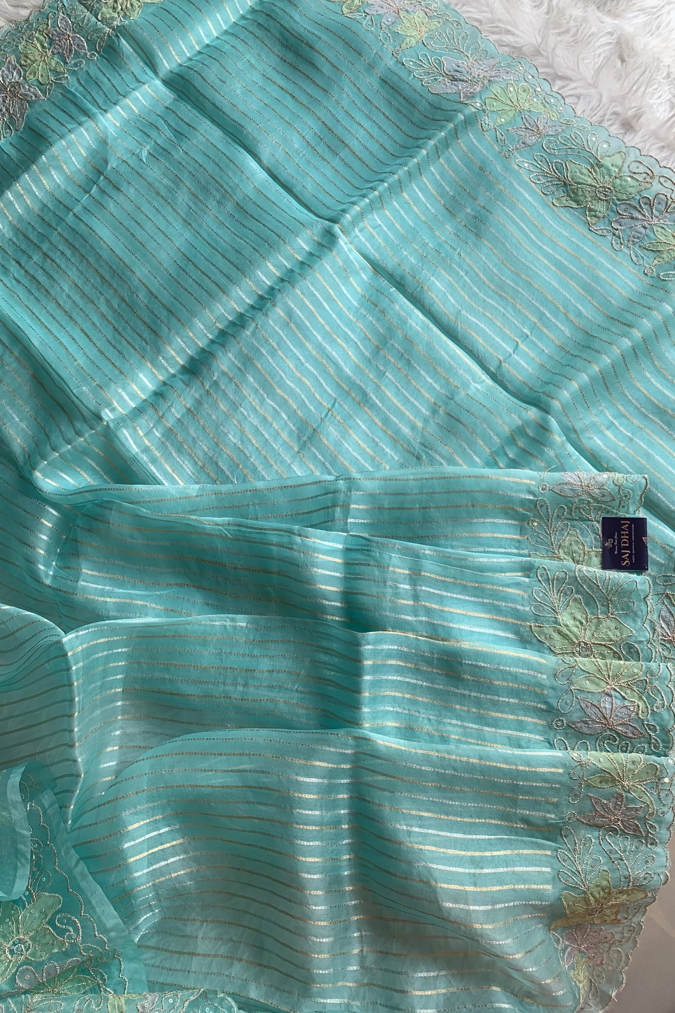 Sea Blue Applique Embellished Silk Organza Saree 5844 12