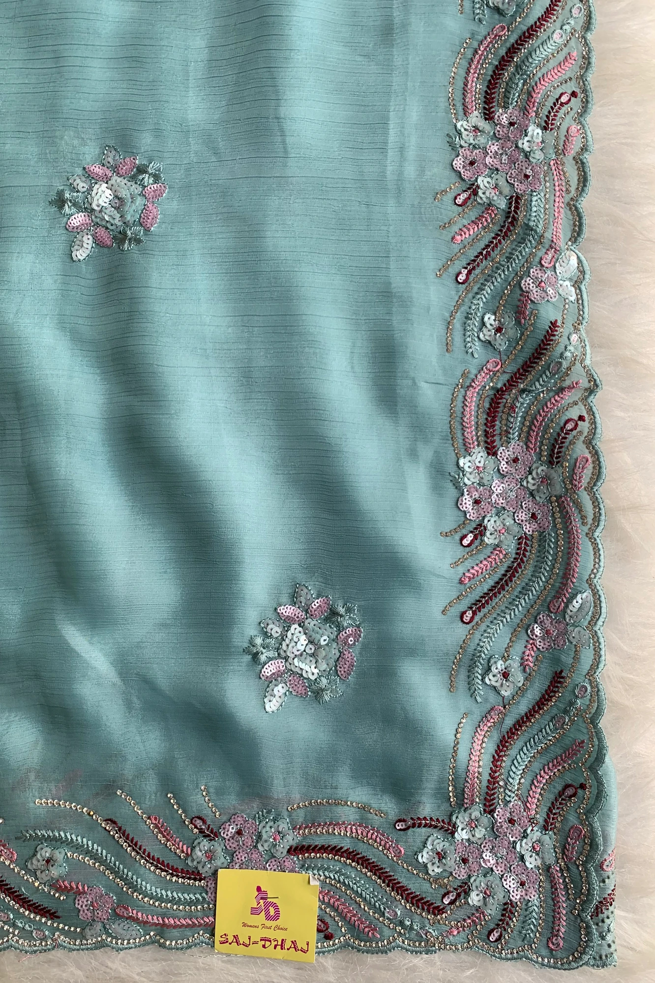 Sea Blue Embroidered Chinnon Georgette Saree 4894 01