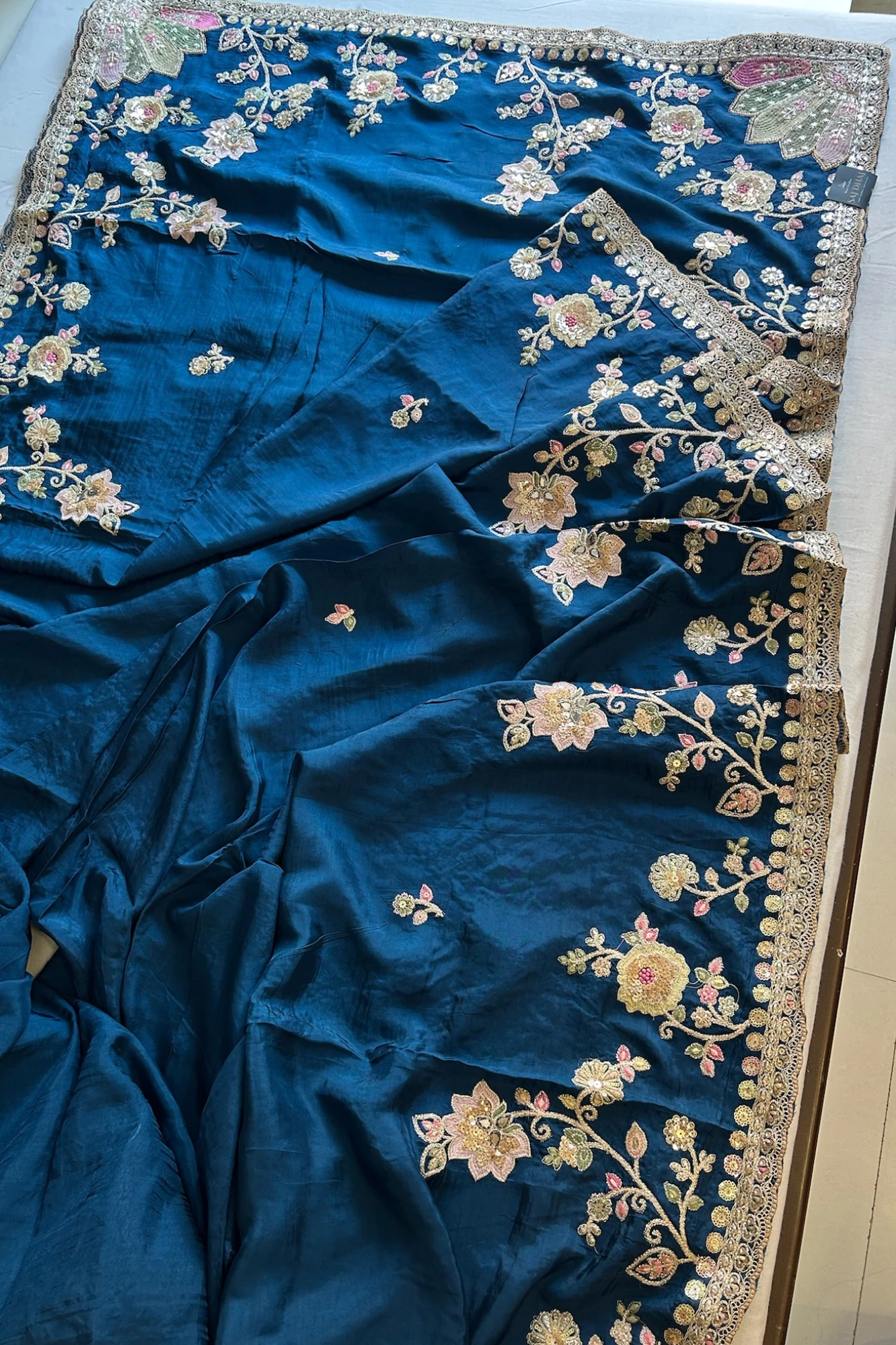 Peacock Blue Saree with Multicolour Embroidery 5786 01