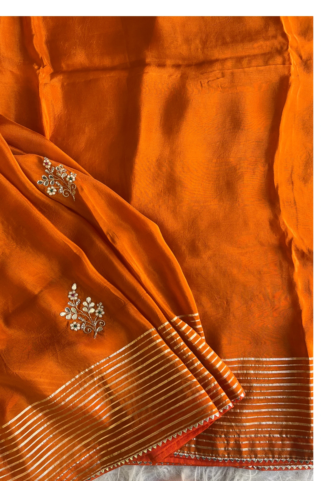 Habutai Silk Saree with Pearl Cutdana Buttis & Banarasi Border  | Matching Blouse 5440 01 (Rust orange)