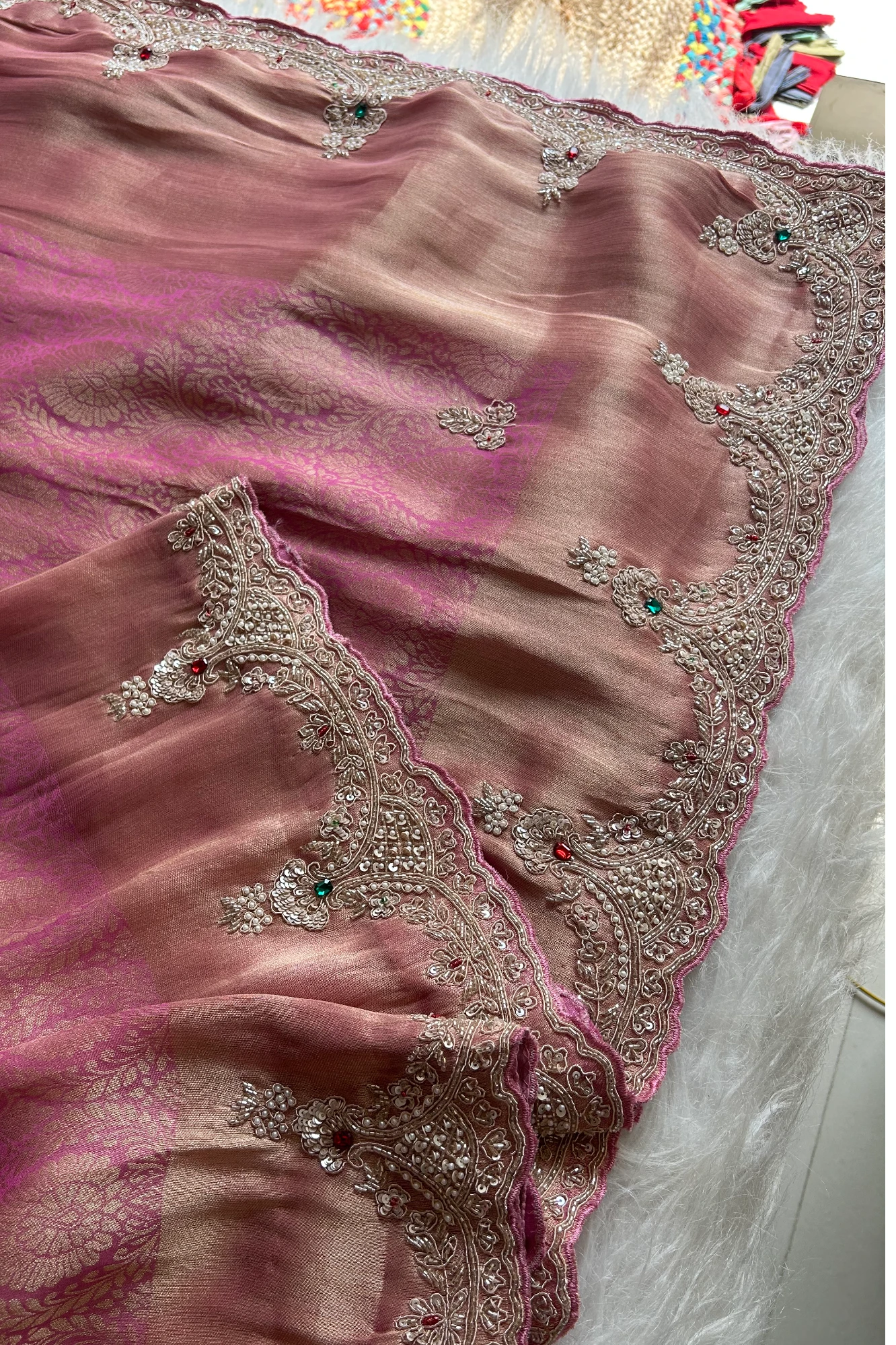 Kanchipuram Silk Saree with  Weaving, Zardosi, Sequins & Gem Embellishments 5650 12 (Pink)