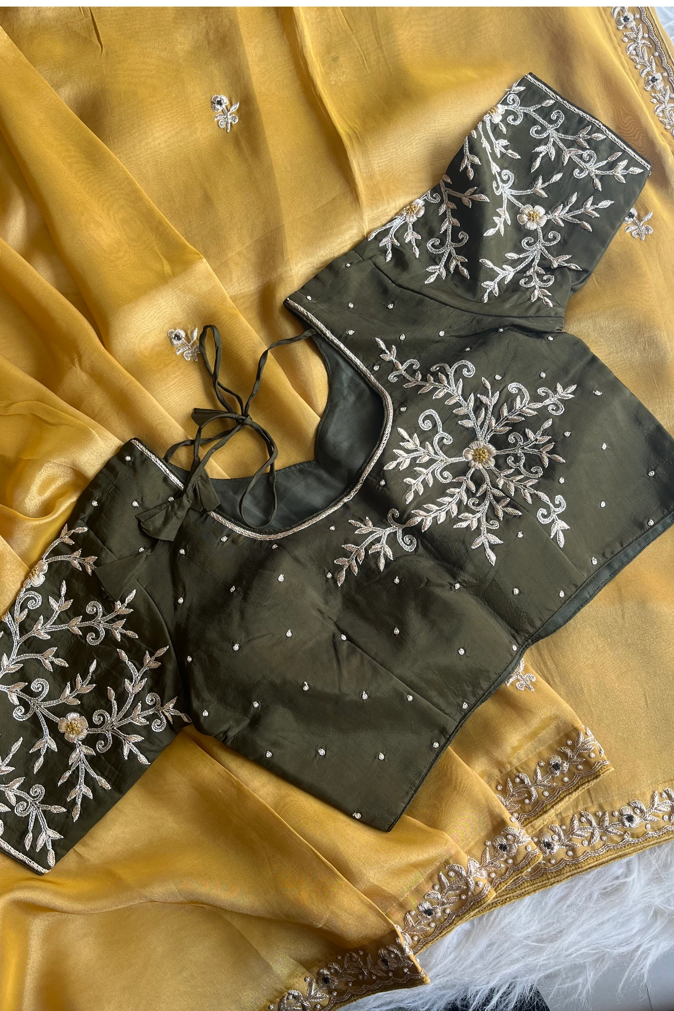 Dull Mustard Yellow Tissue Saree with Zardosi Border & Green Blouse 5525 09