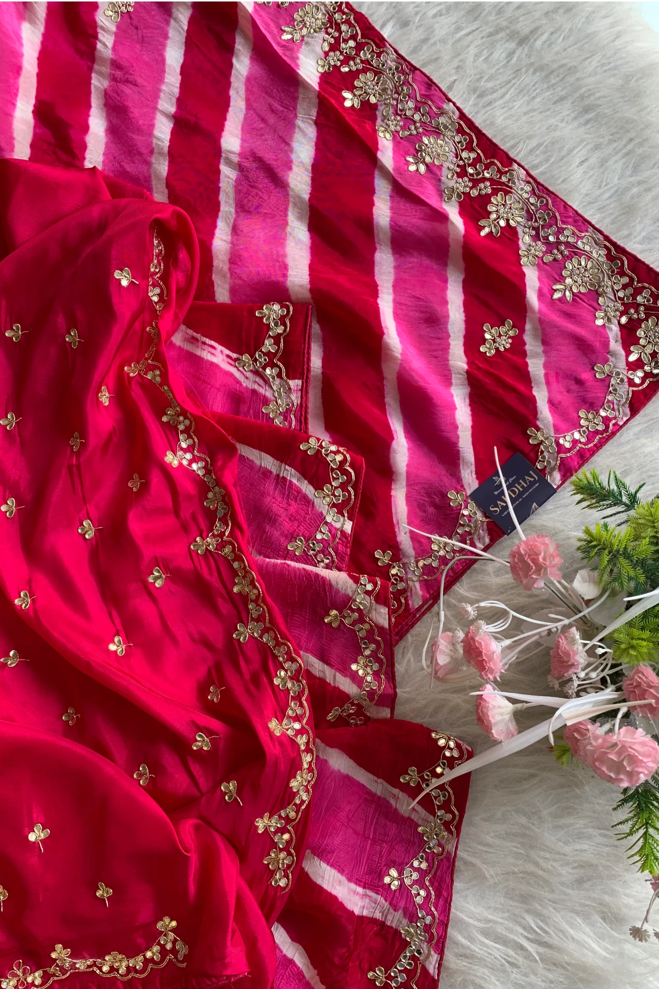 Pink Jaal Leheriya Habutai Silk Saree 5846 03