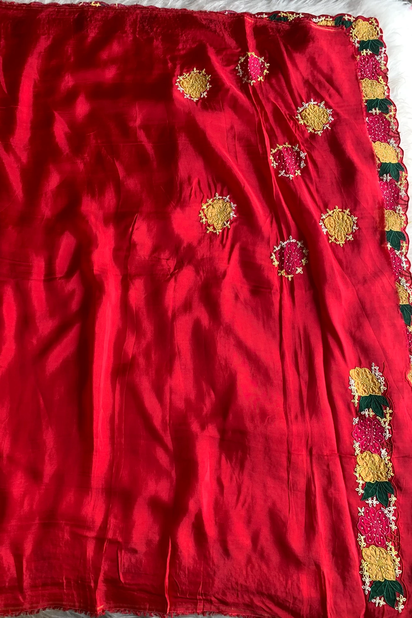 Shaded Red Applique Habutai Silk Saree 5650 13