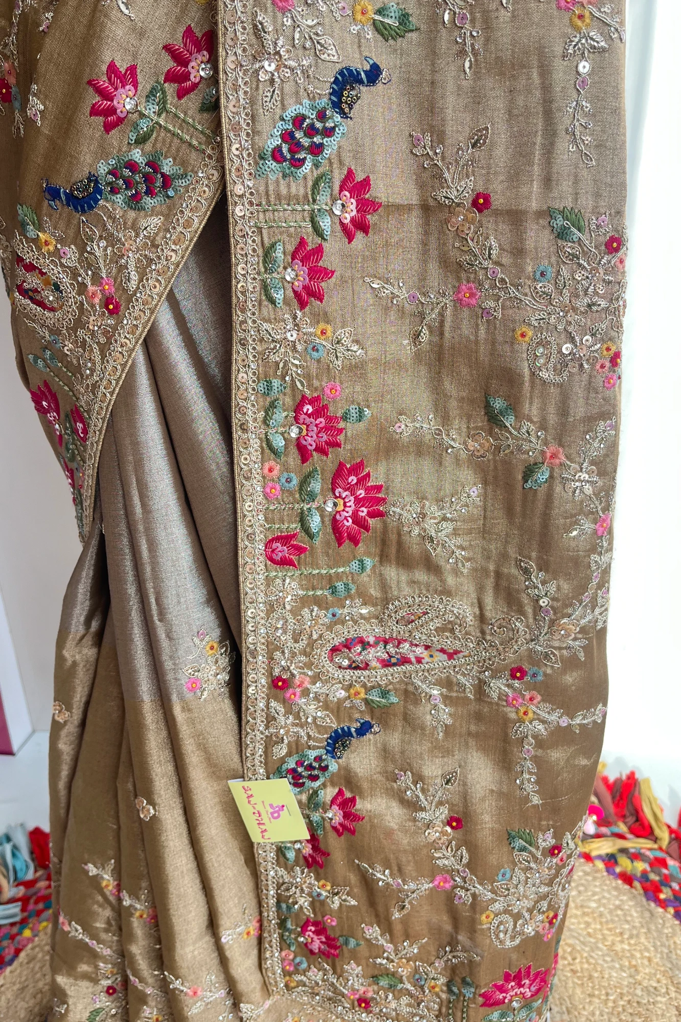 Beige Golden  Tone Kanchi Silk Saree with Peacock Motifs, Aari Dori, Thread & Stone Work 5560 08