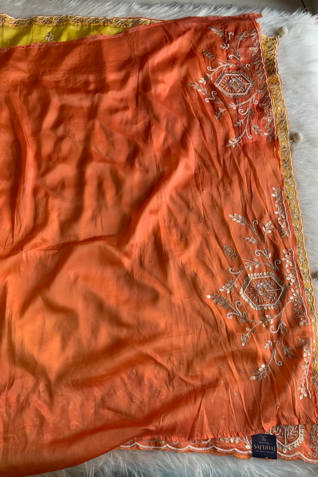 Yellow Habutai Silk Saree with Orange Border