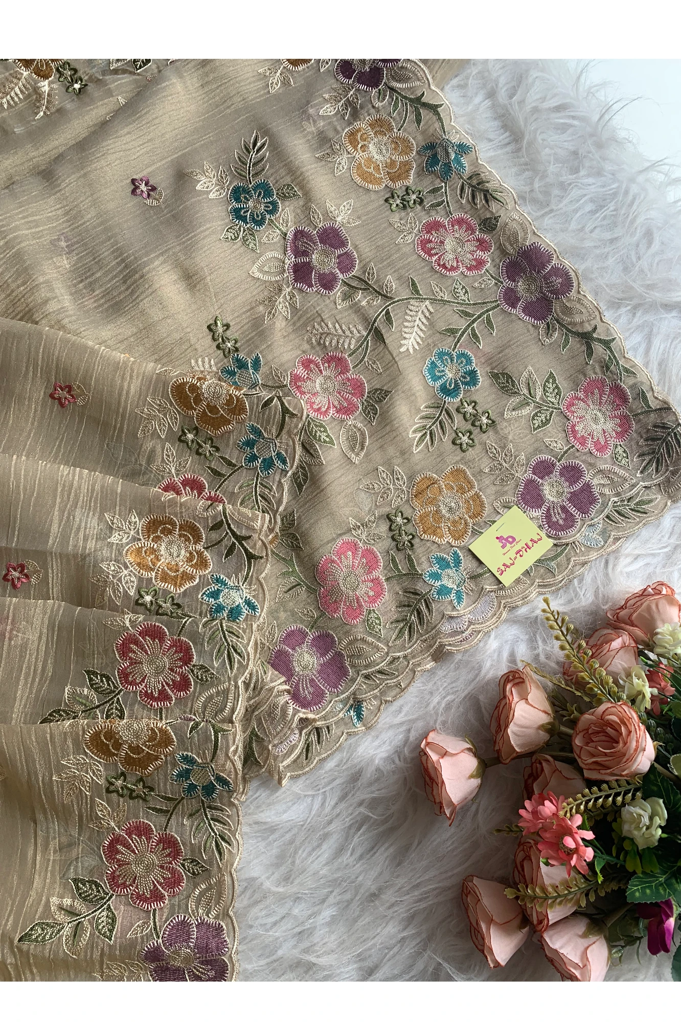 Cream Crush Tissue Organza Floral Saree 5773 04