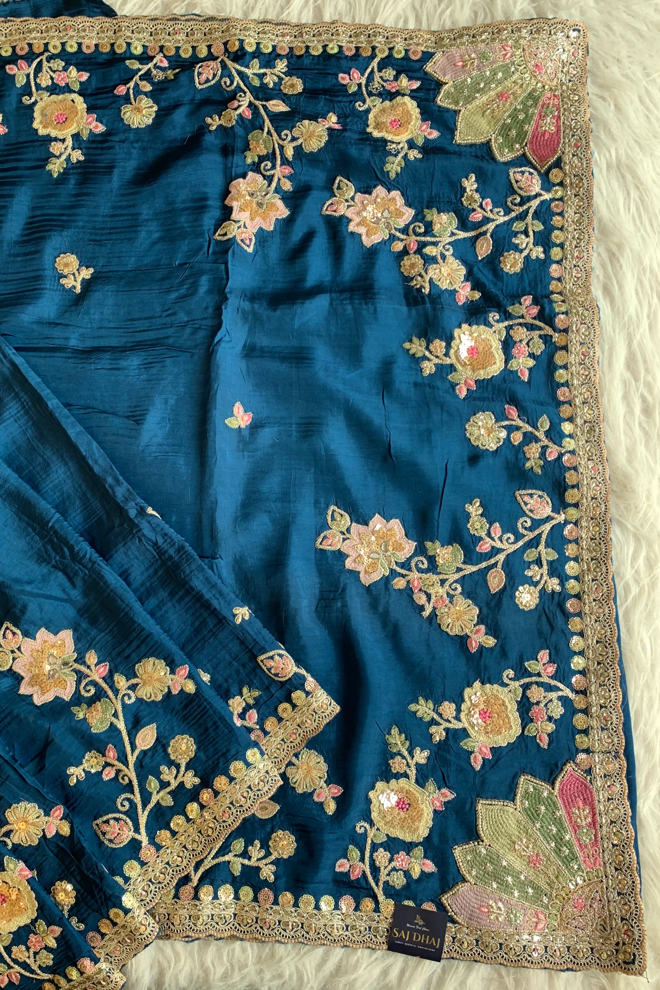 Peacock Blue Saree with Multicolour Embroidery 5786 01