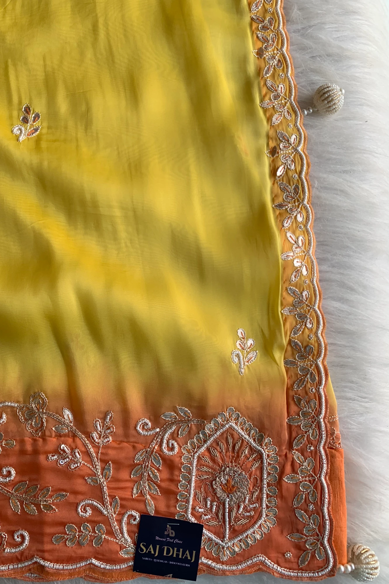 Yellow Habutai Silk Saree with Orange Border
