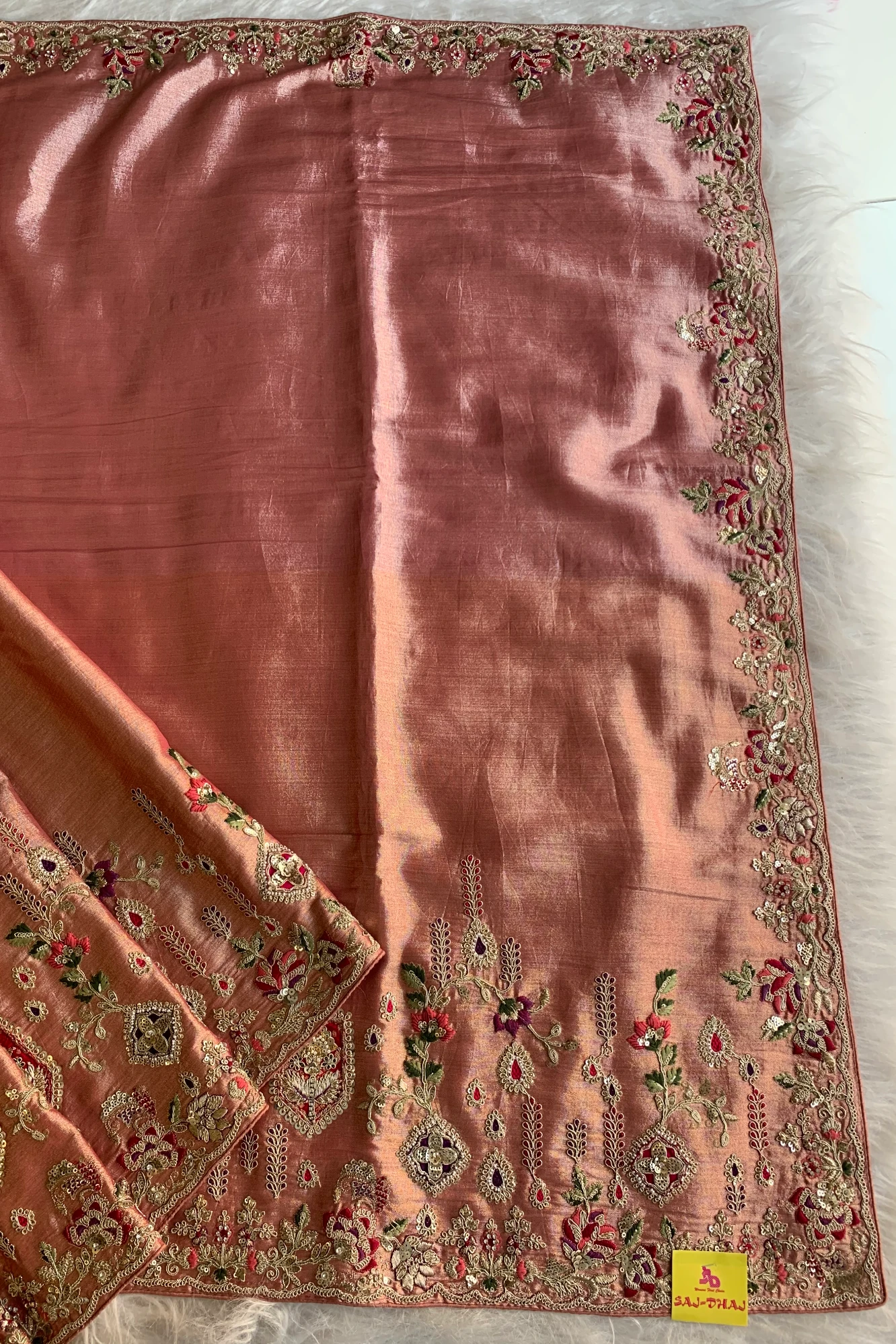 Peach Applique Embellished Tissue Saree 5729 01