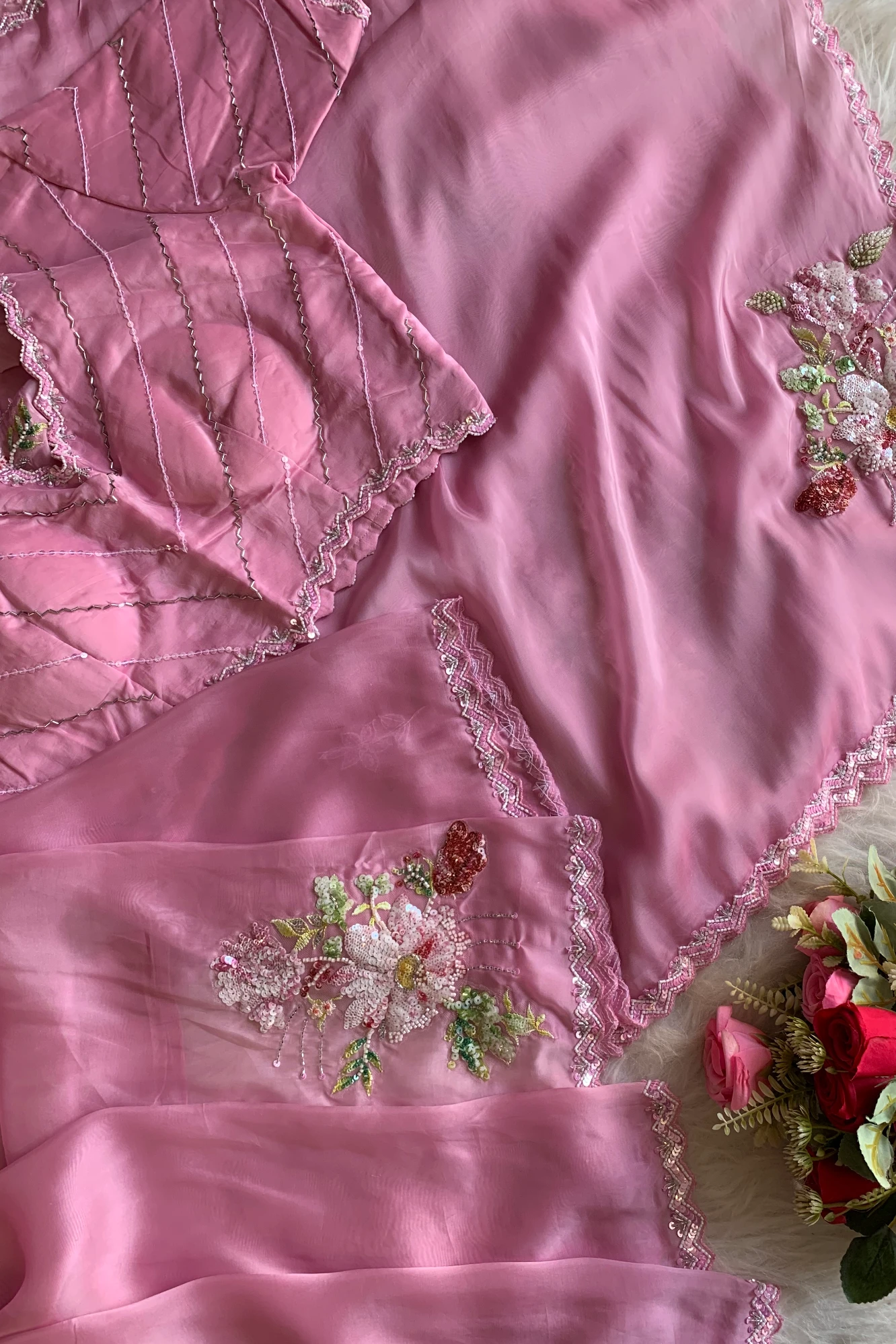 Baby Pink Floral Sequin Organza Saree 5651 24