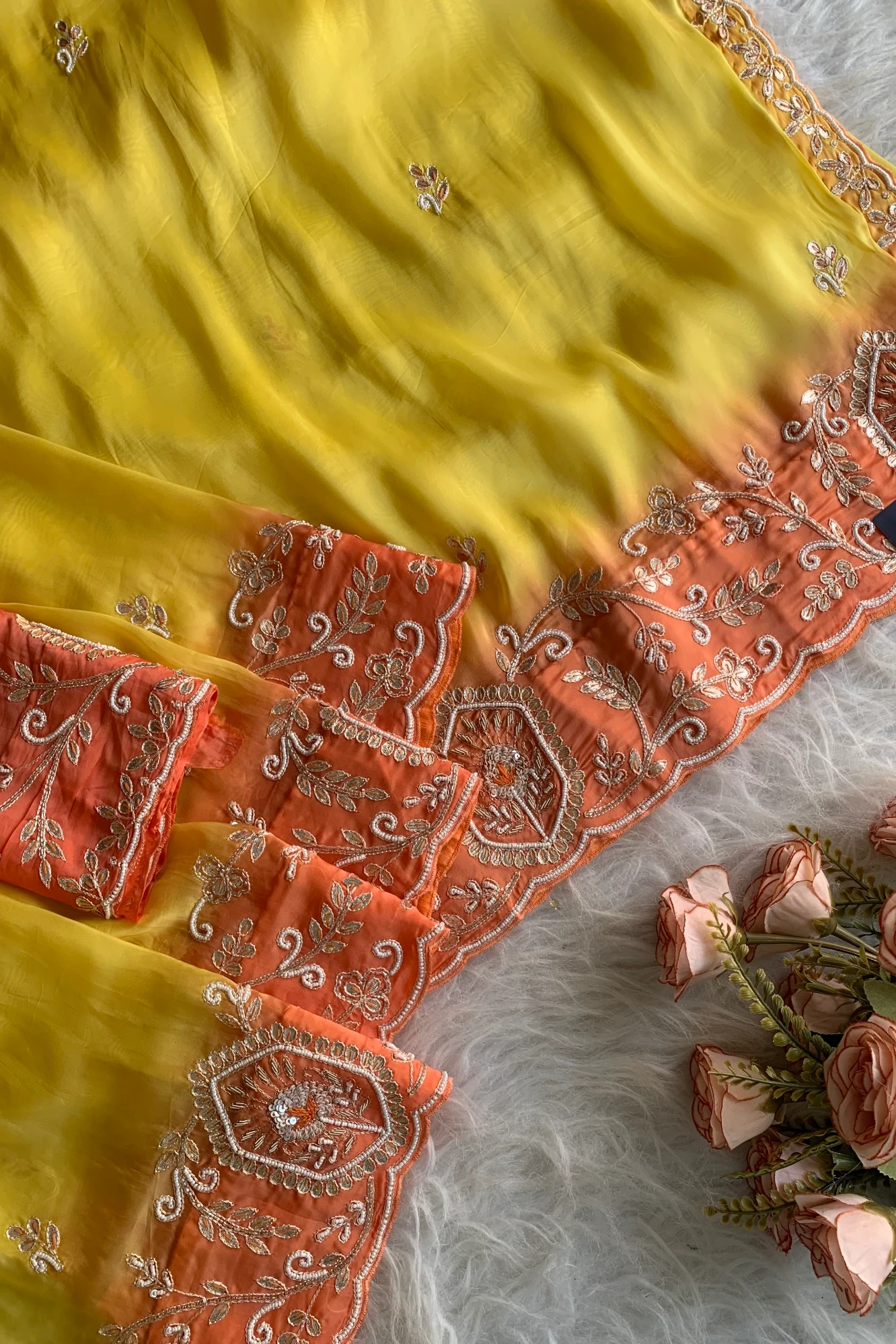 Yellow Habutai Silk Saree with Orange Border