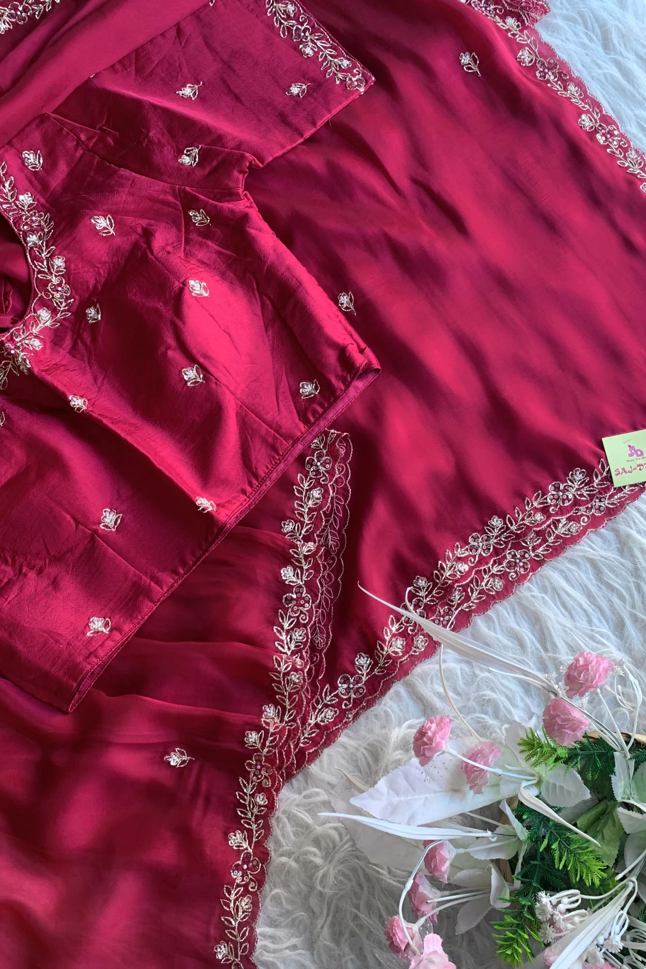 Dark Pink Embellished Habutai Silk Saree 5359 01