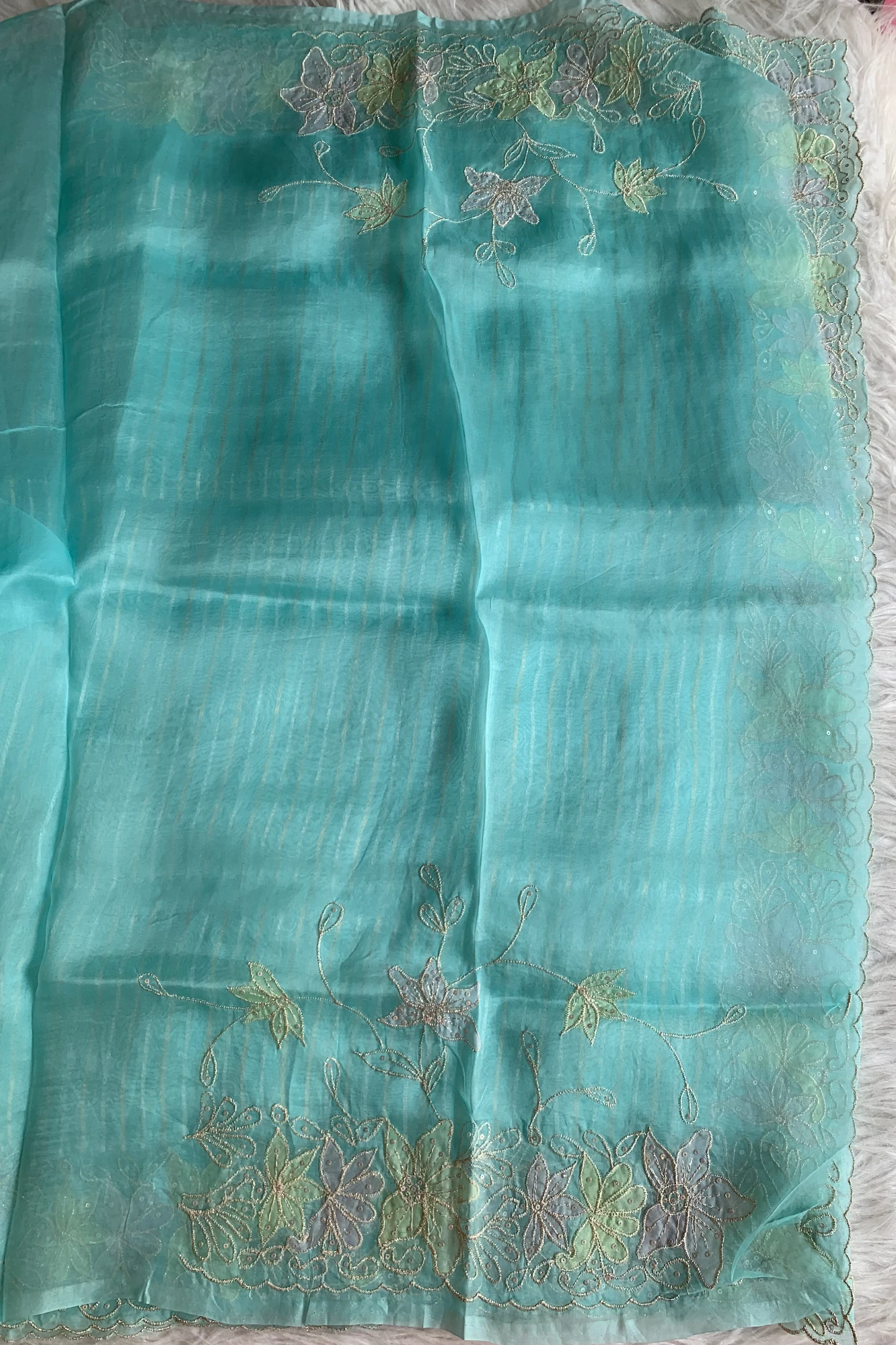 Sea Blue Applique Embellished Silk Organza Saree 5844 12