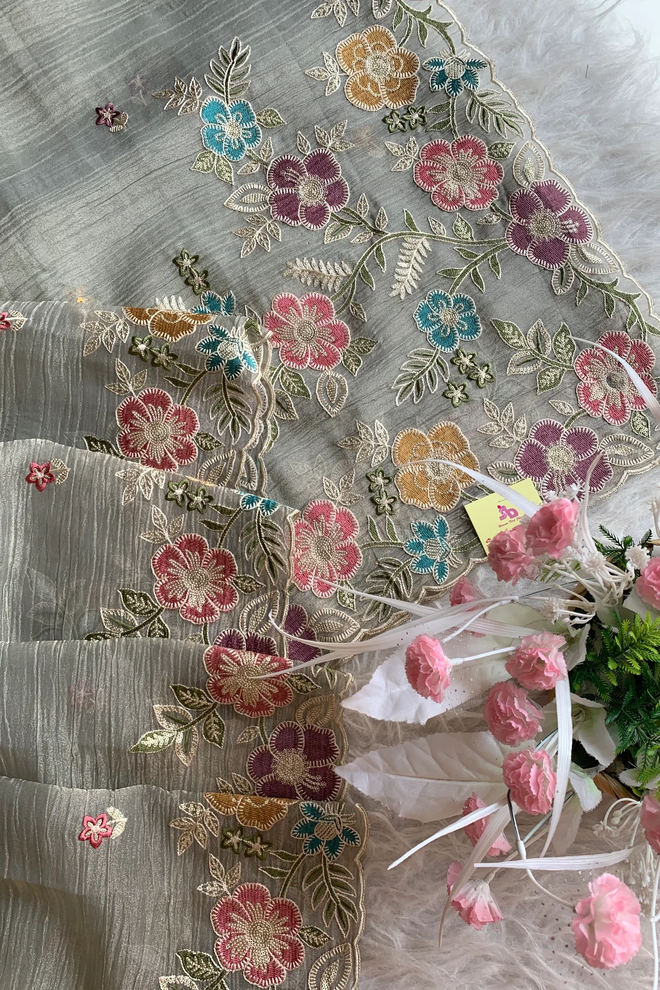 Ash Crush Tissue Organza Floral Saree 5773 04