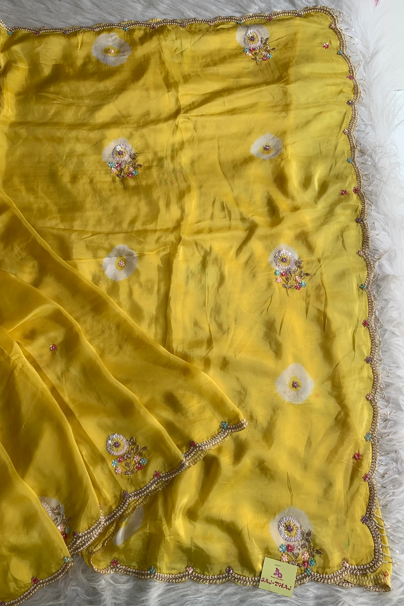 Lemon Yellow Habutai Silk Saree Tie&Dye Design 5650 09