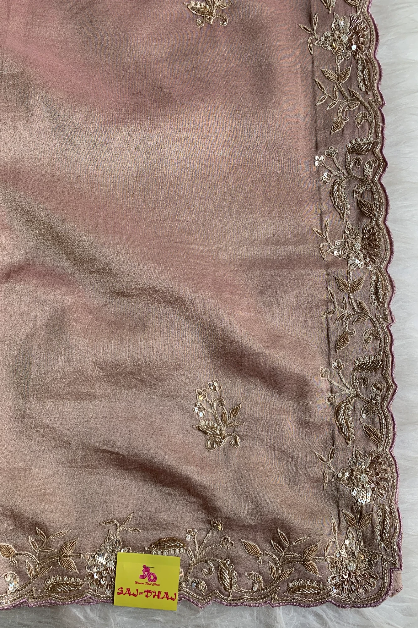 Beige Aari Thari Embellished Tissue Saree 5760 01