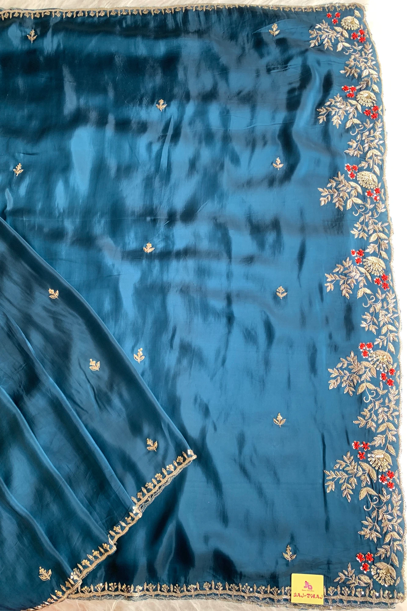 Peacock Blue Embroidered Habutai Silk Saree 5535 09