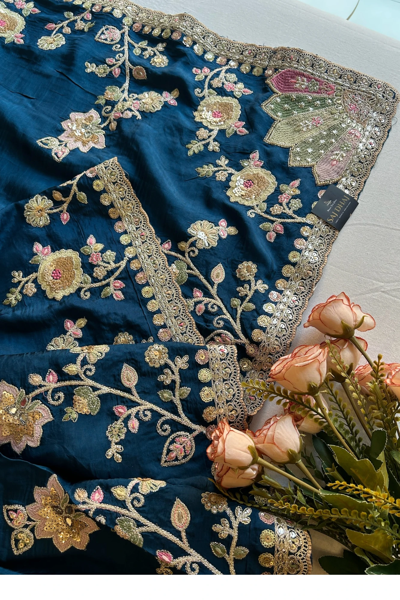 Peacock Blue Saree with Multicolour Embroidery 5786 01