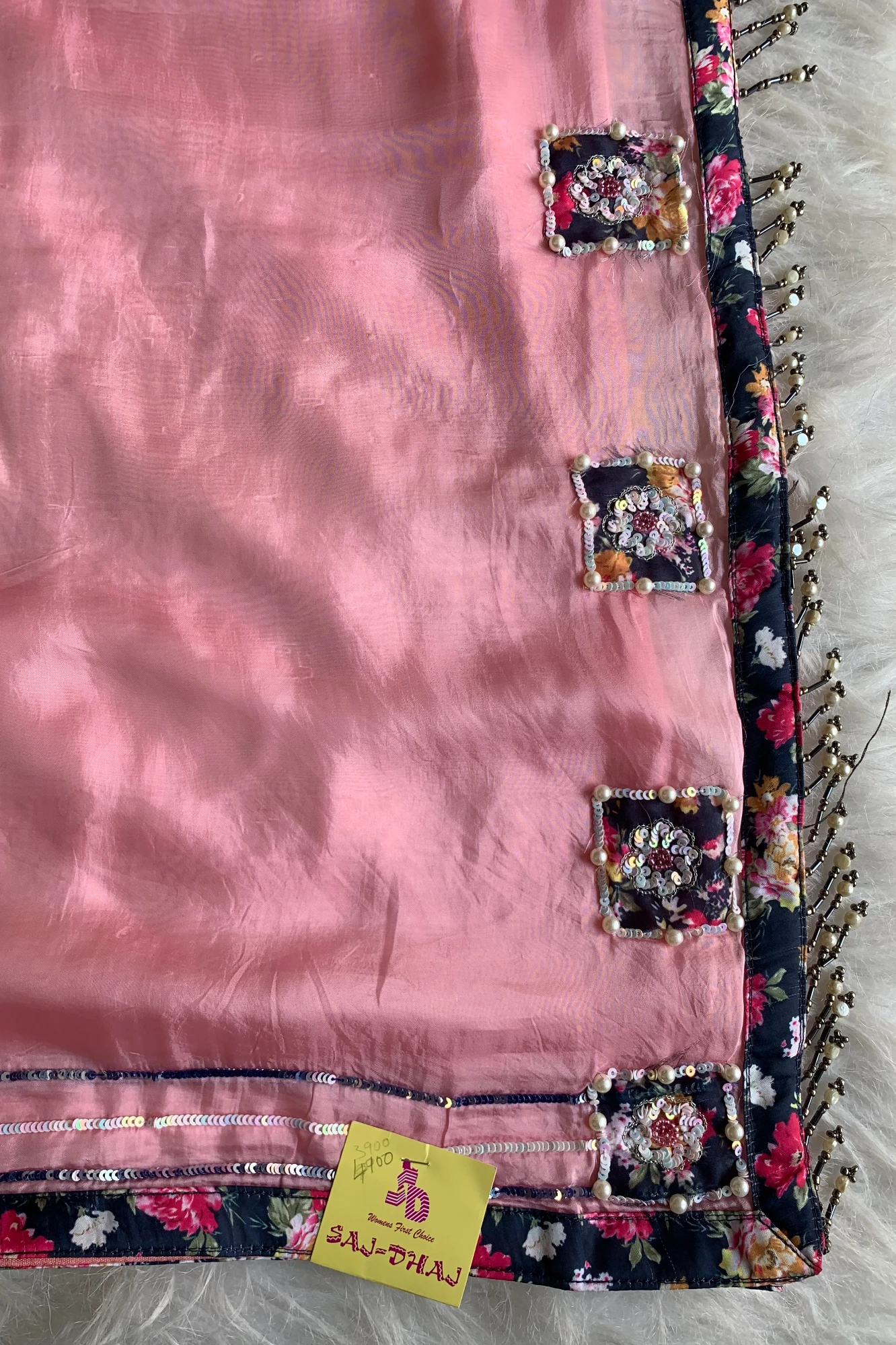 Baby Pink Floral Appliqué Habutai Silk Saree 5128 04
