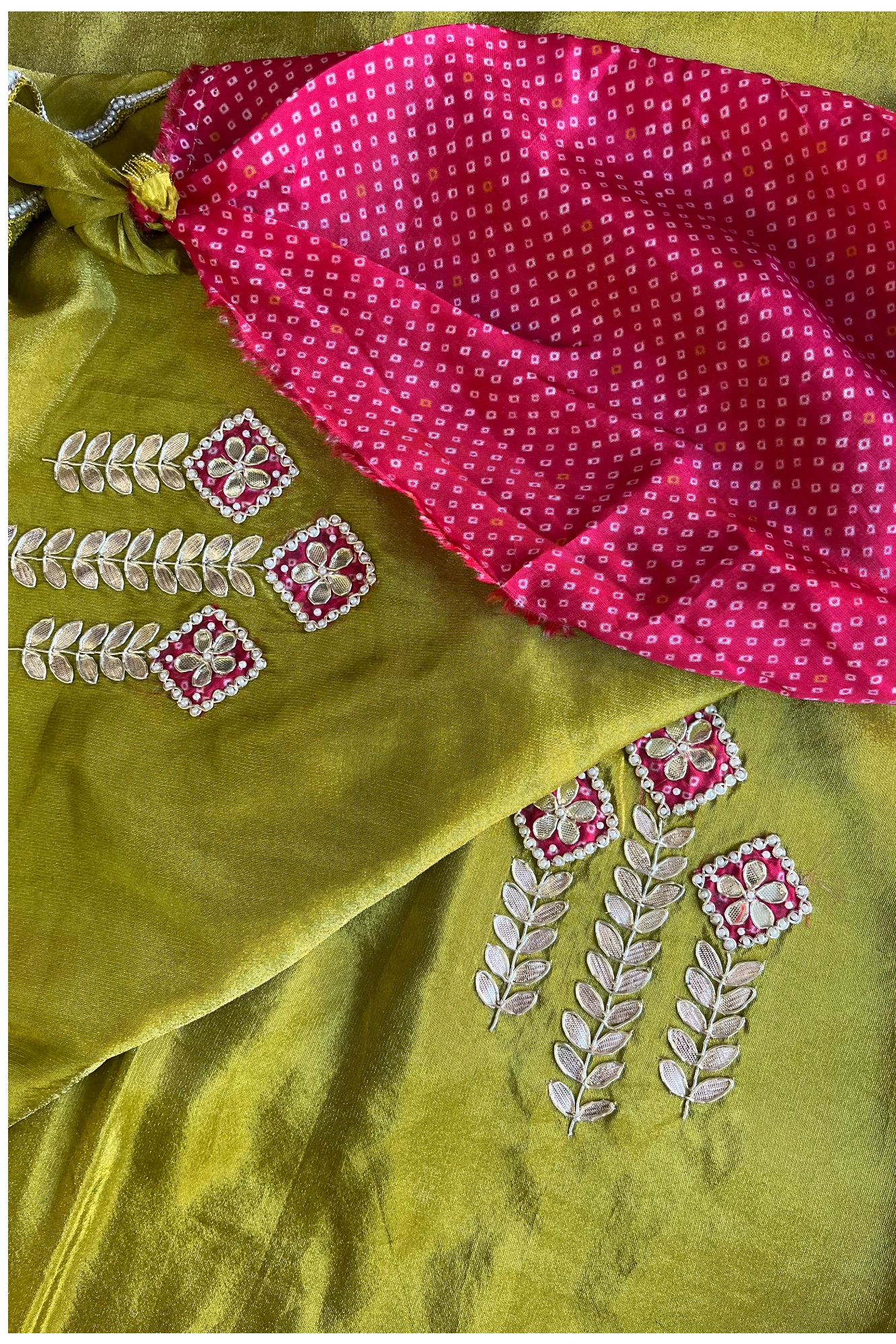 Soft Tissue Saree with Gota Patti & Pearl Embroidery | Contrast Bandhej Blouse  5434 15 (Green)