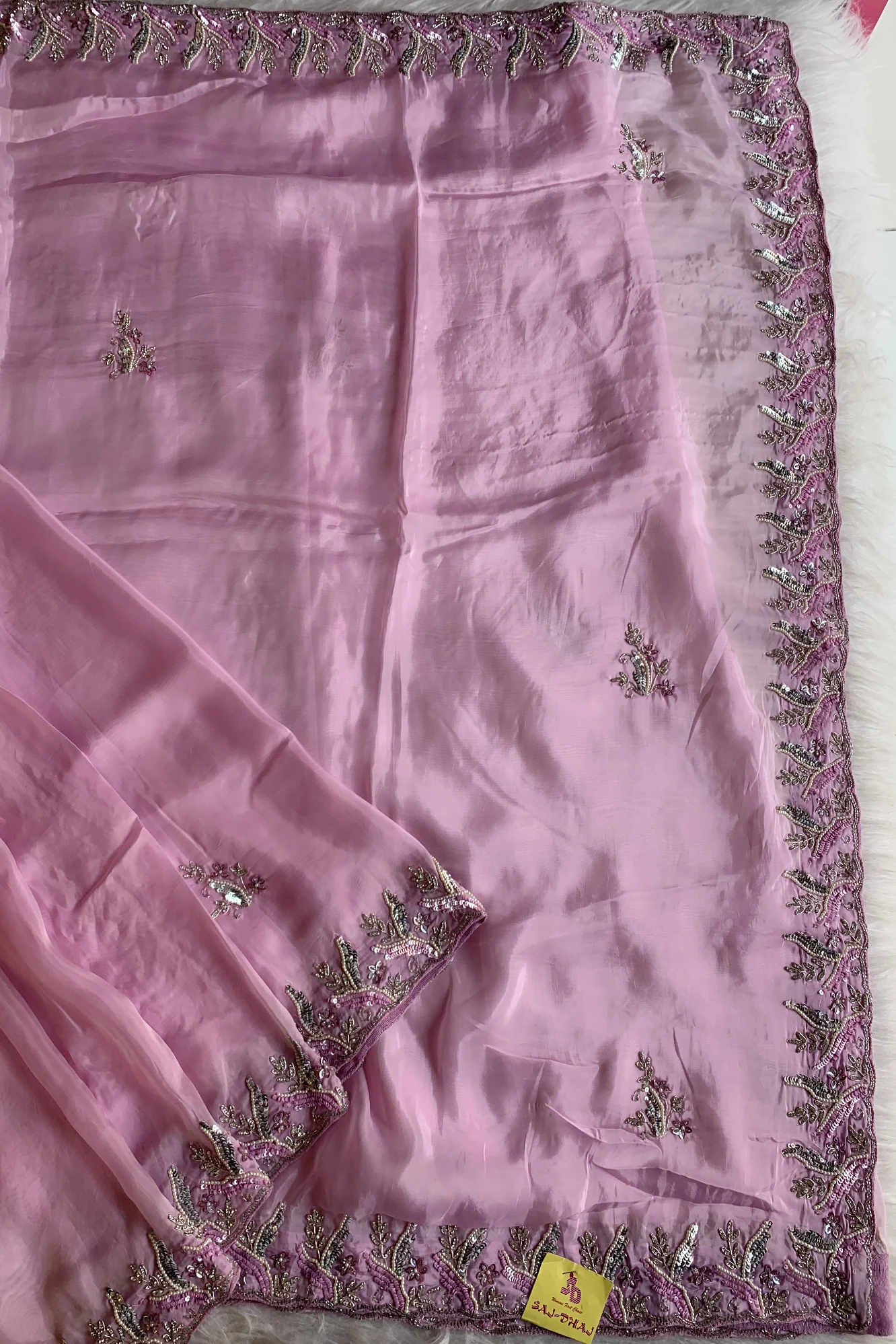 Baby Pink Embellished Habutai Silk Saree 5068 03