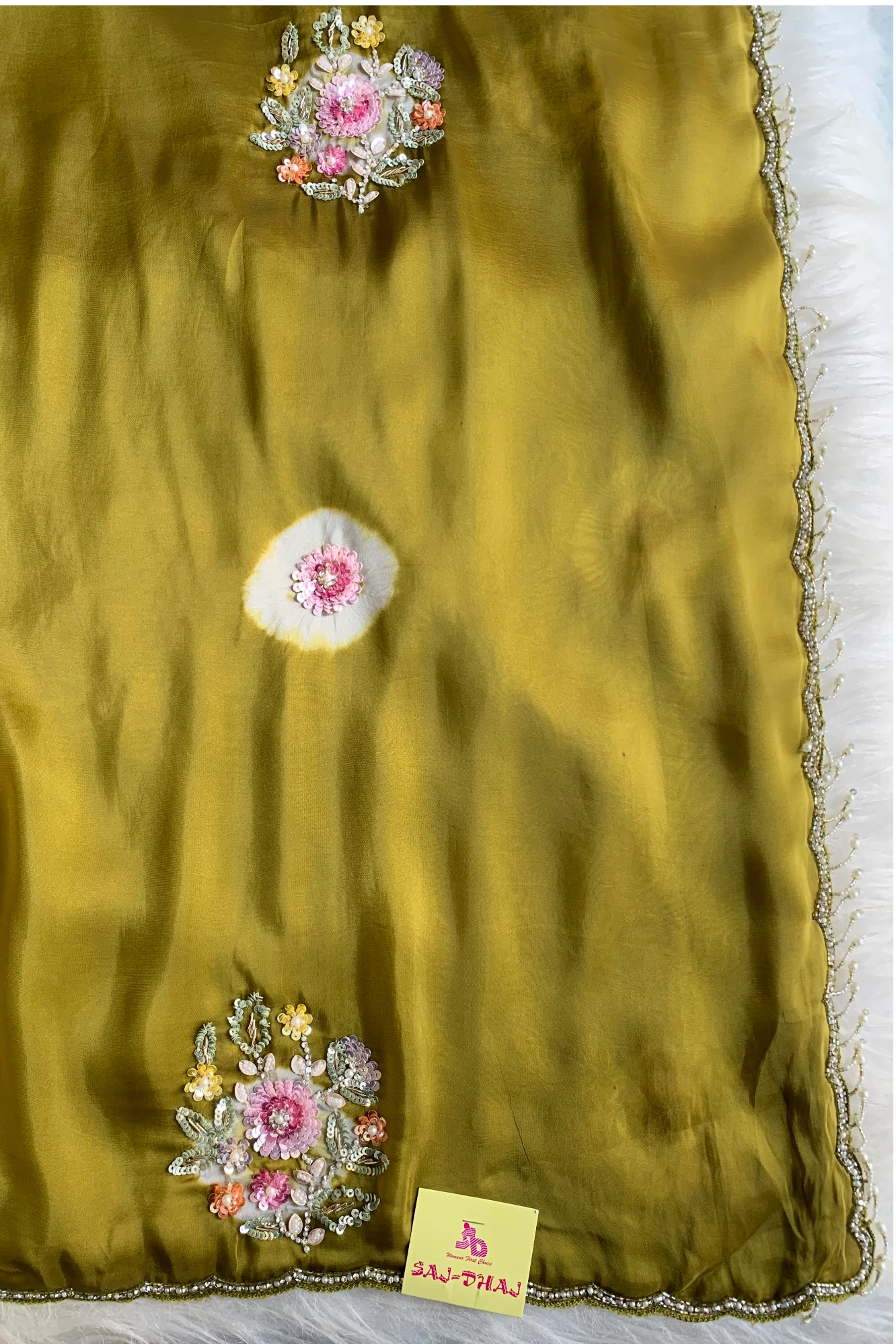 Olive Green Tie-Dye Habutai Silk Saree 5650 02
