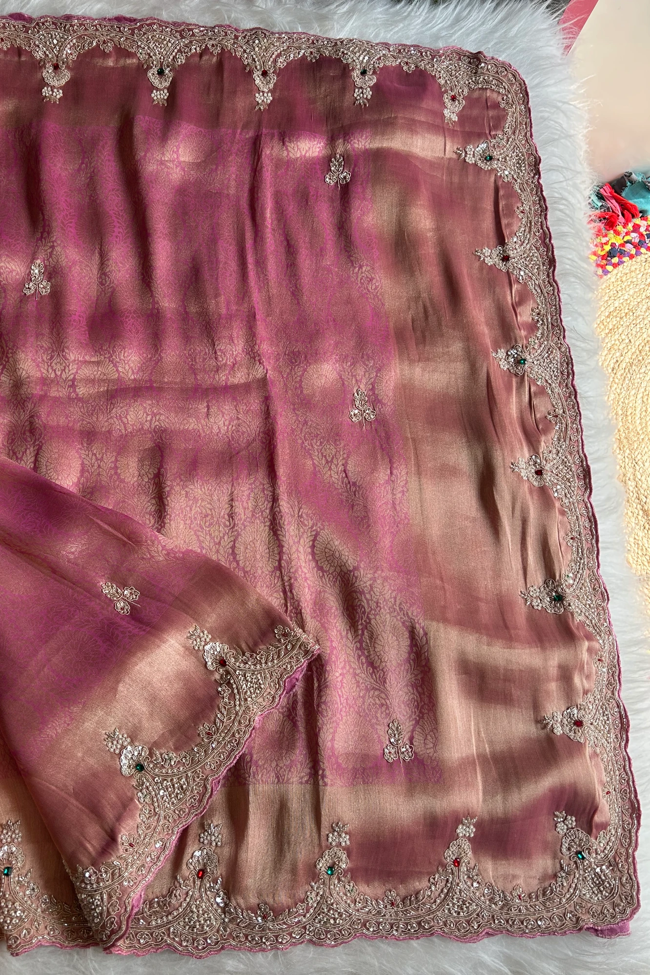 Kanchipuram Silk Saree with  Weaving, Zardosi, Sequins & Gem Embellishments 5650 12 (Pink)