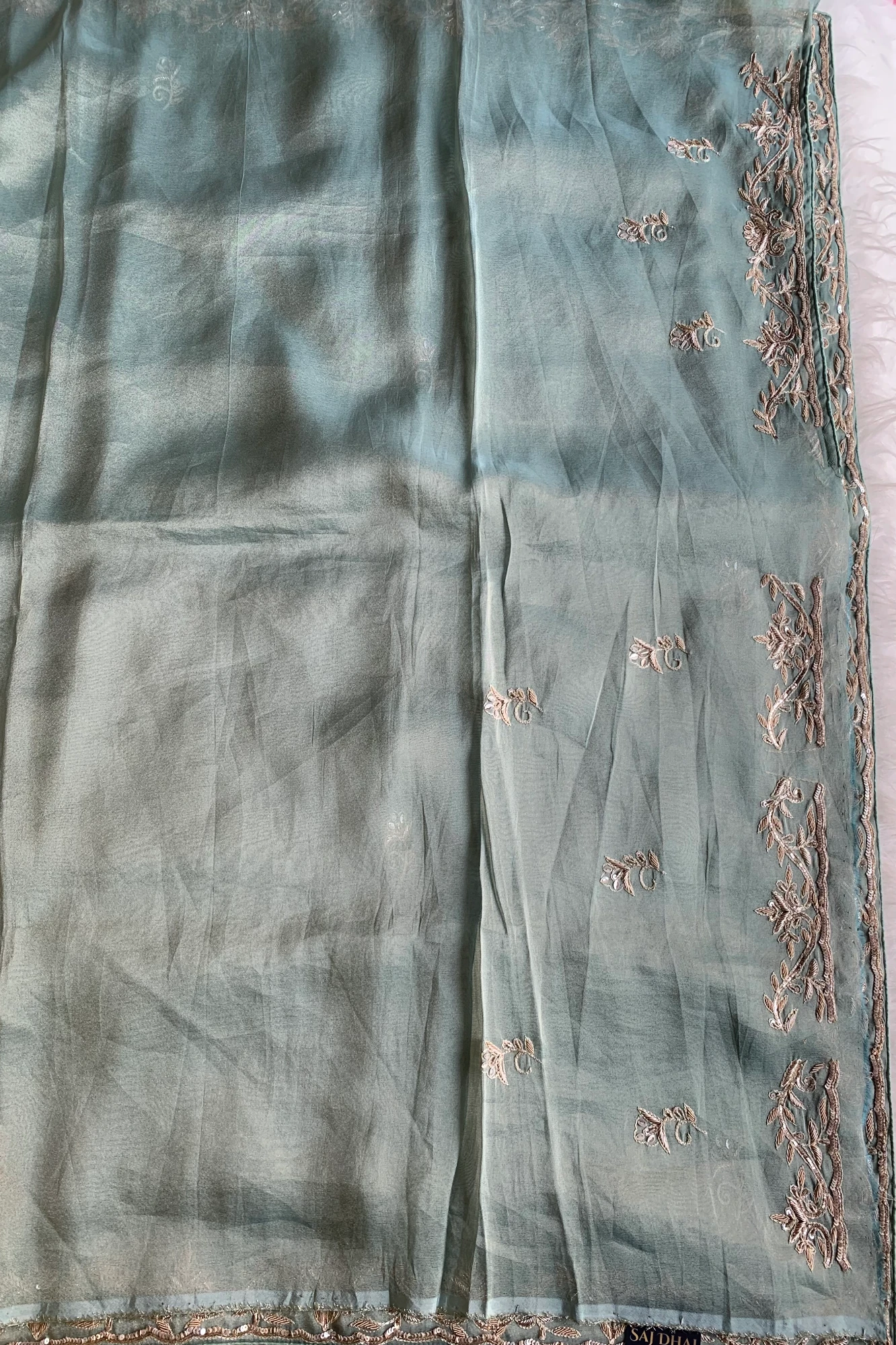 Sea Green Aari Embellished Tissue Saree 5792 02