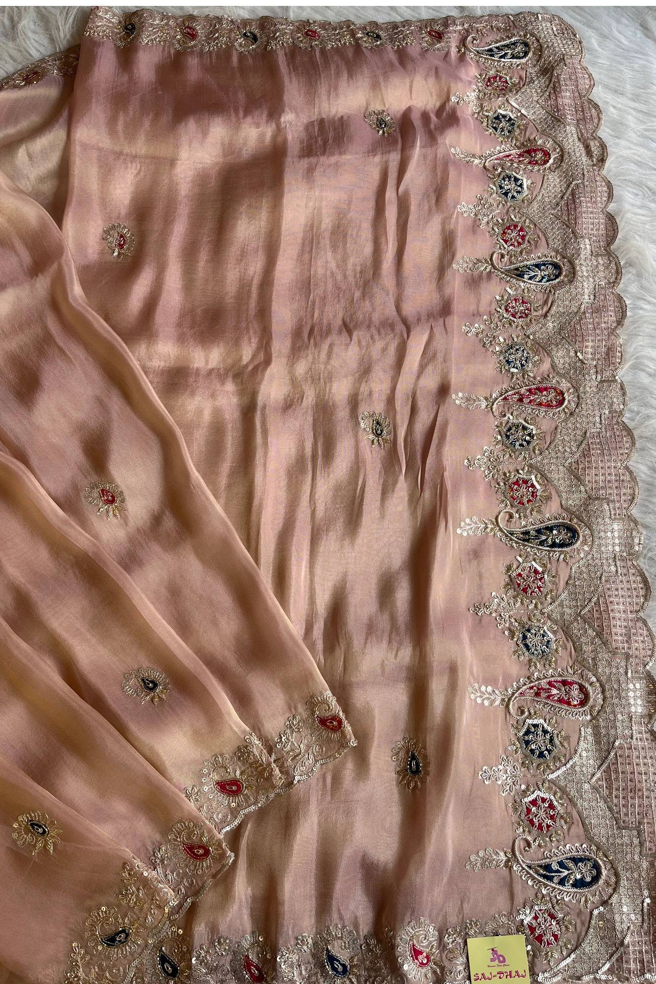 Blush Pink Tissue Saree with Heavy Pallu - Pre Stitched Blouse 5359 06