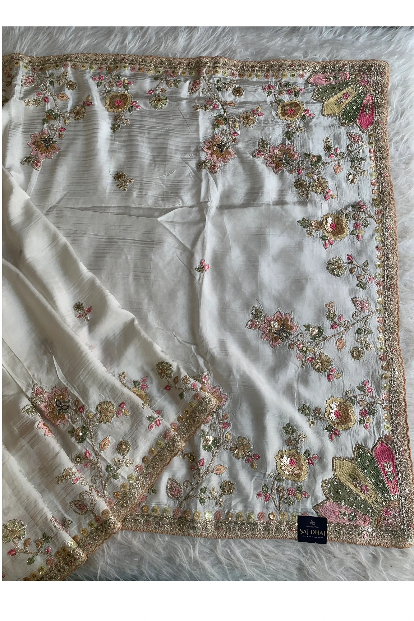 White Saree with Multicolour Embroidery 5786 01