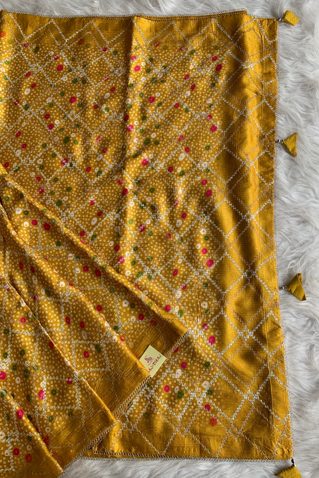 Yellow Printed Bandhej Modal Silk Saree with Lampi Gota 5274 03