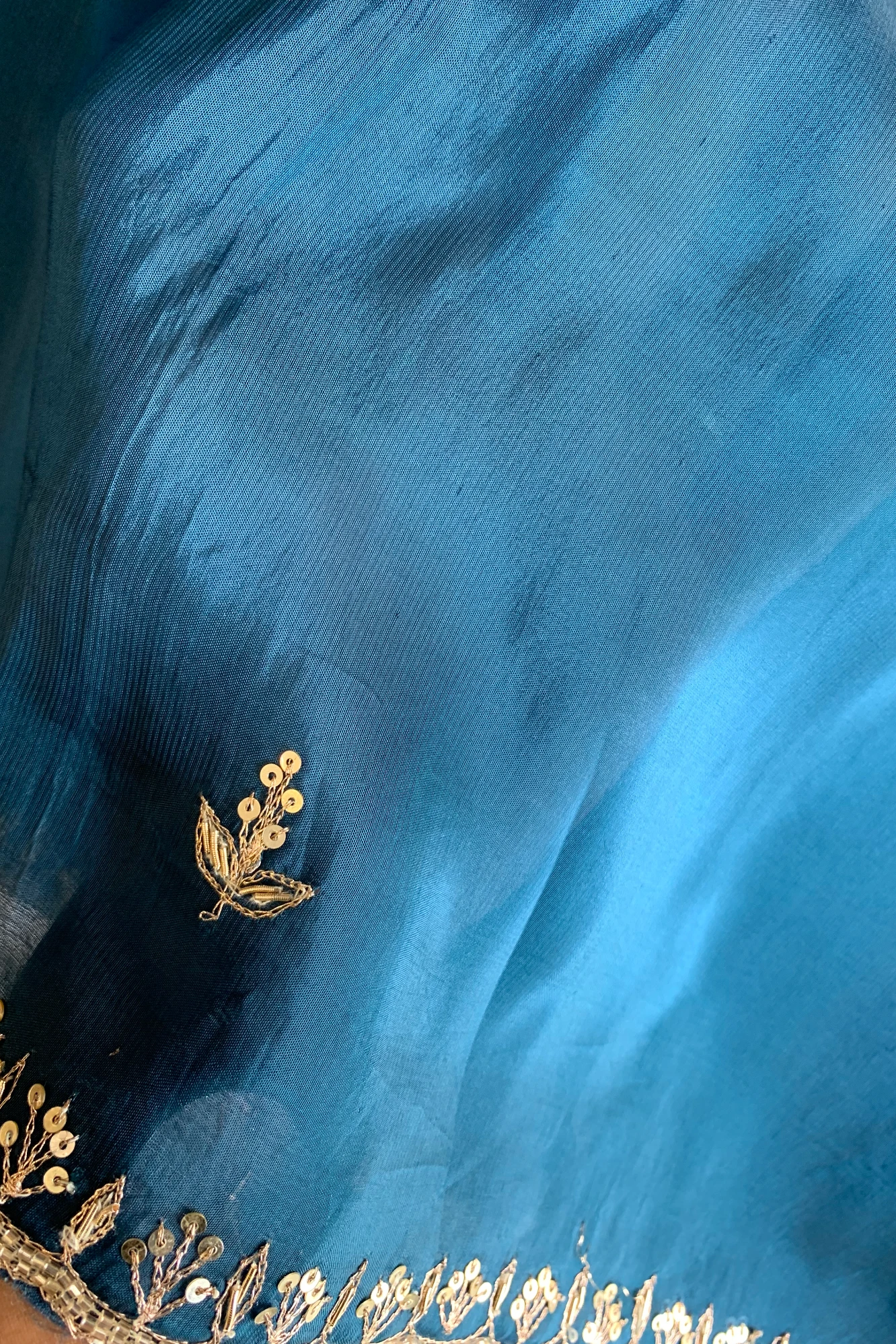 Peacock Blue Embroidered Habutai Silk Saree 5535 09