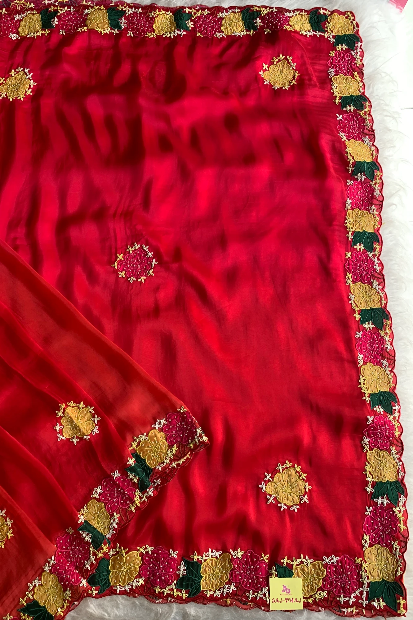 Shaded Red Applique Habutai Silk Saree 5650 13