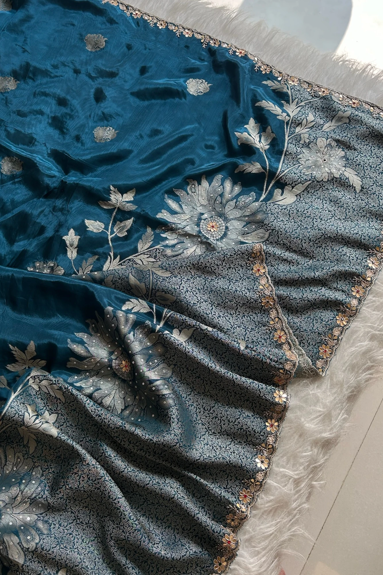 Peacock Blue Habutai Silk Saree