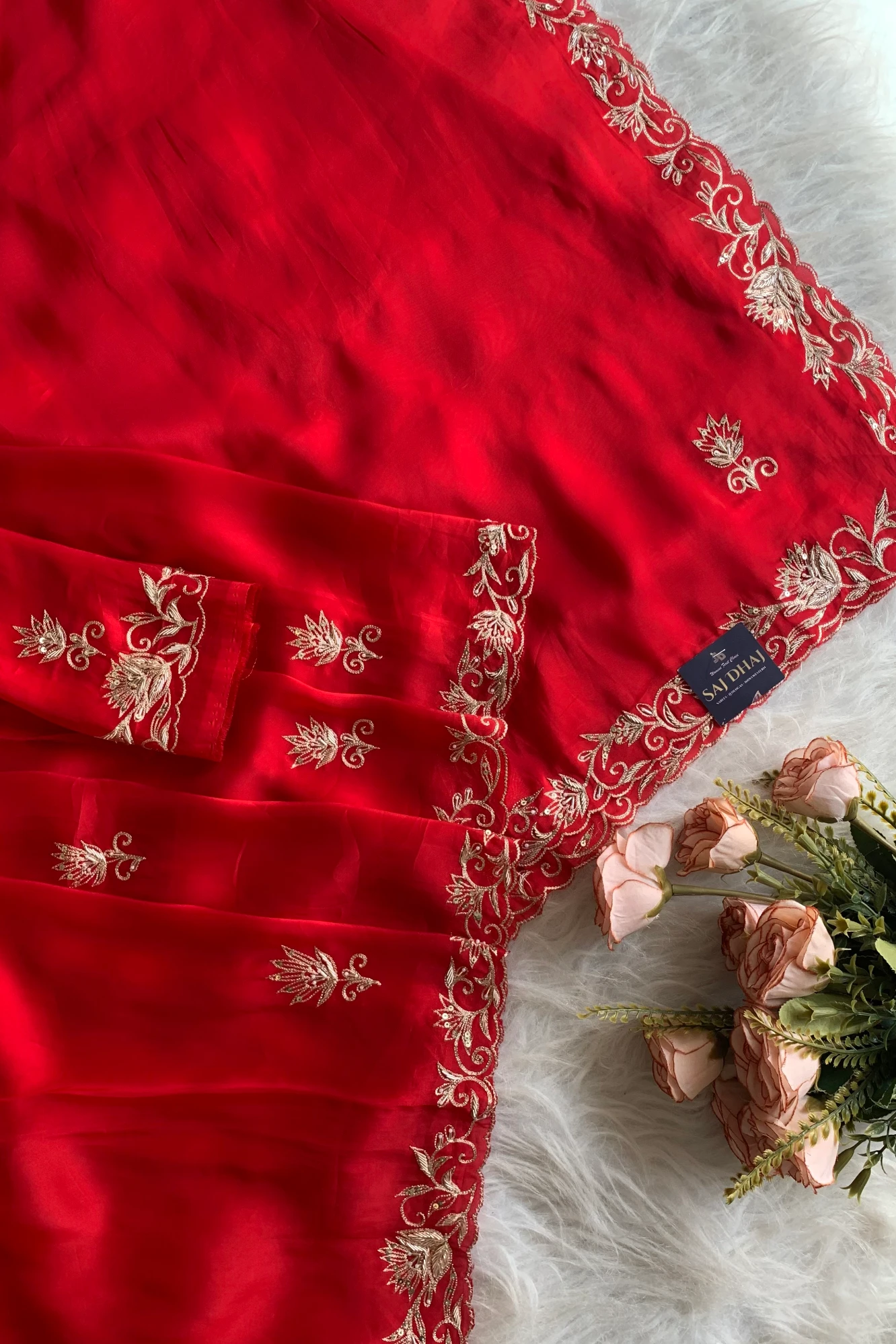 Red Embroidered Habutai Silk Saree 5792 01