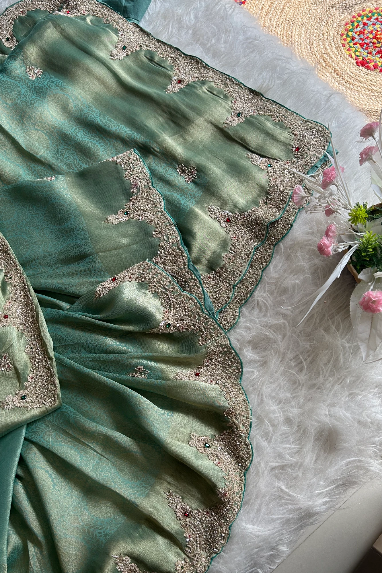 Kanchipuram Silk Saree with  Weaving, Zardosi, Sequins & Gem Embellishments 5650 12 (Green)