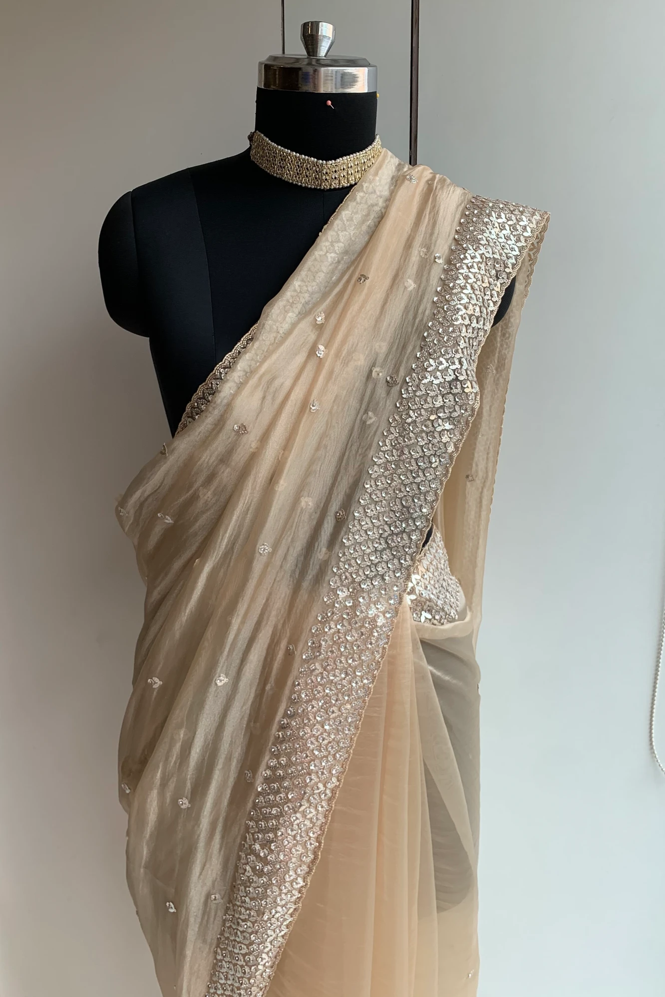 Champagne Gold Embellished Butter Organza Saree 5847 01