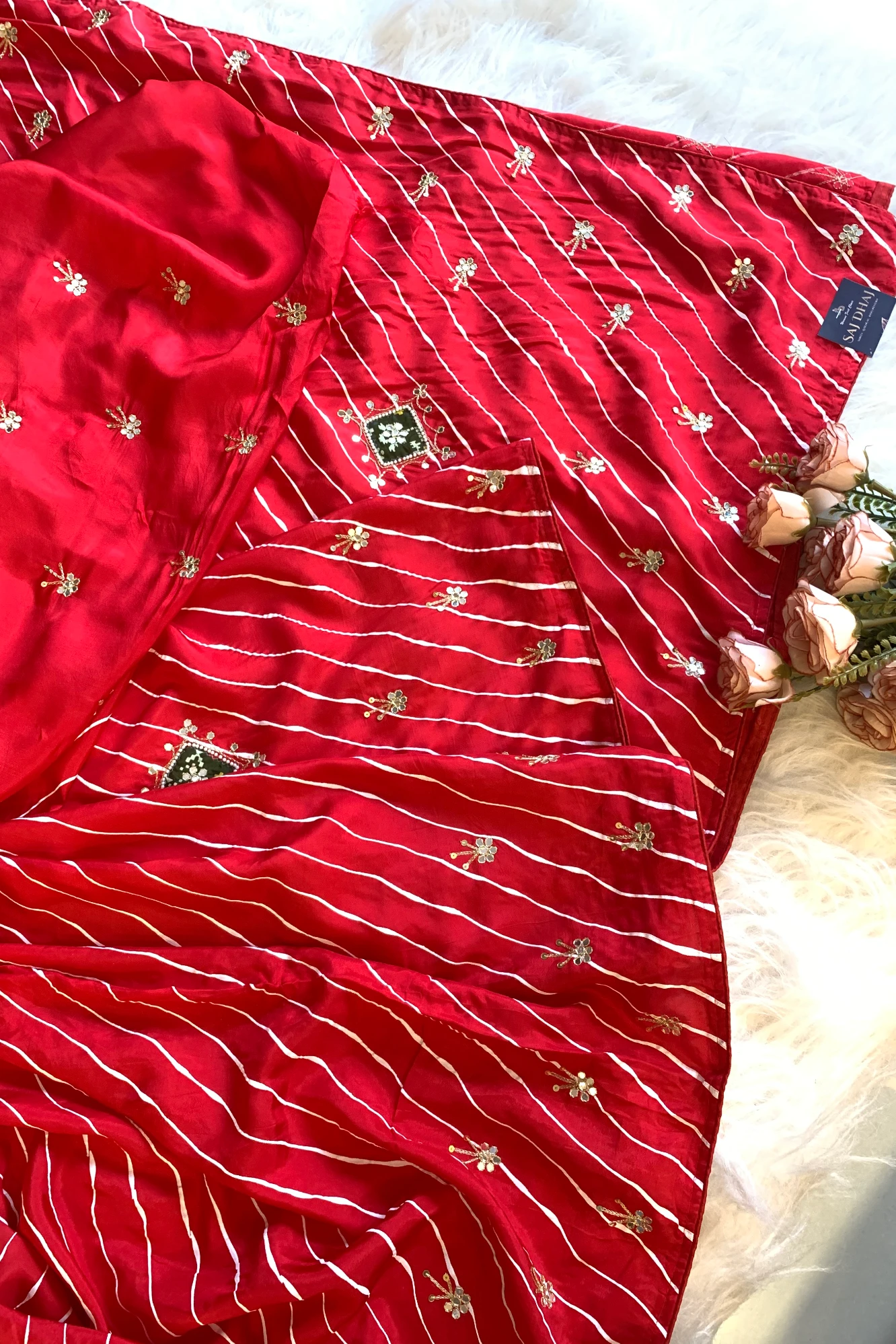 Red Leheriya Russian Silk Saree with Applique 5846 04