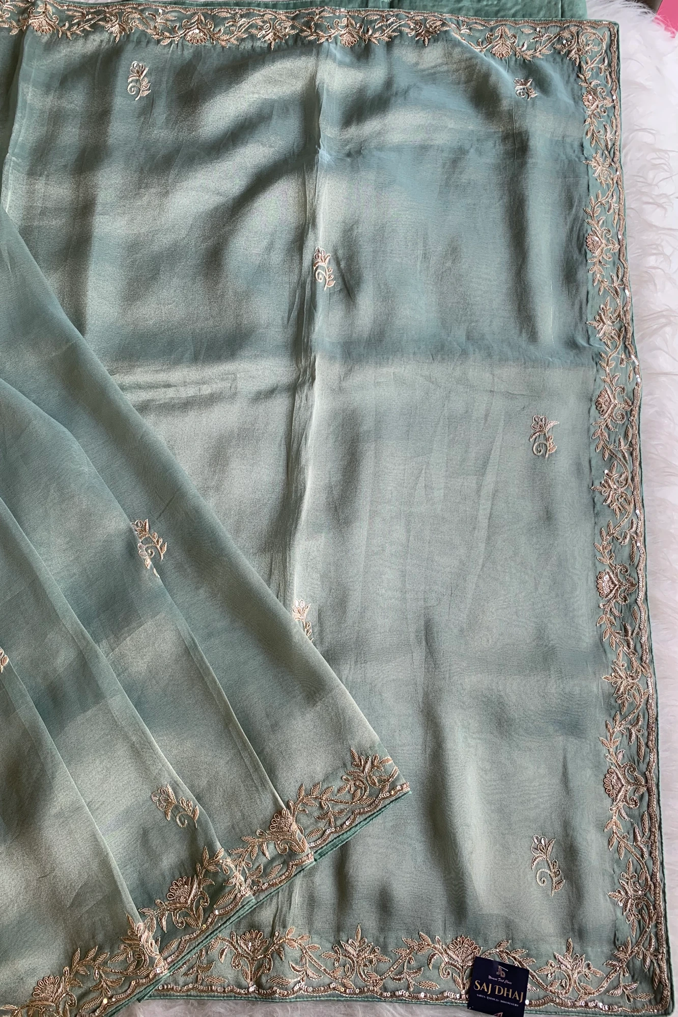 Sea Green Aari Embellished Tissue Saree 5792 02