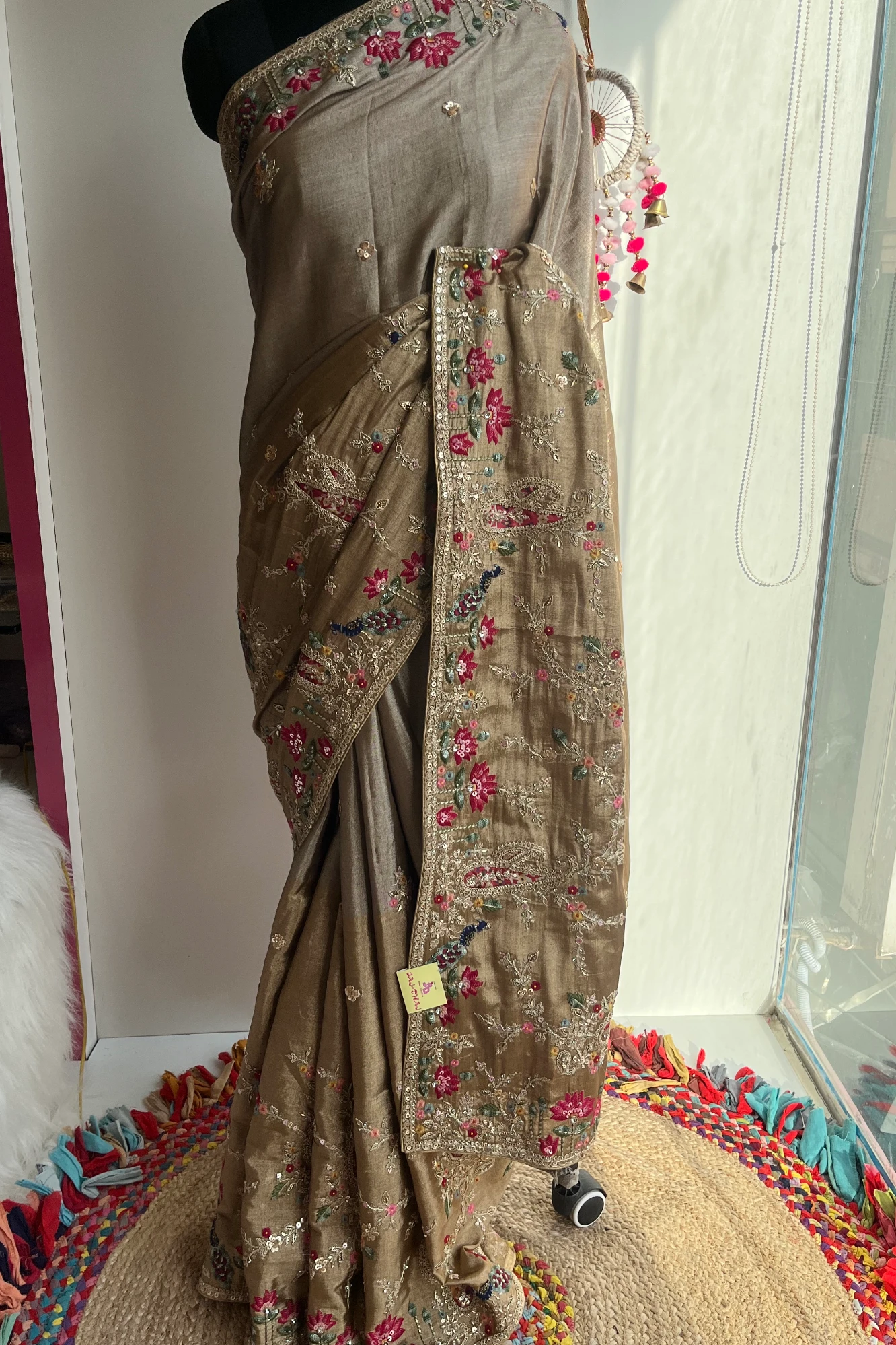 Beige Golden  Tone Kanchi Silk Saree with Peacock Motifs, Aari Dori, Thread & Stone Work 5560 08