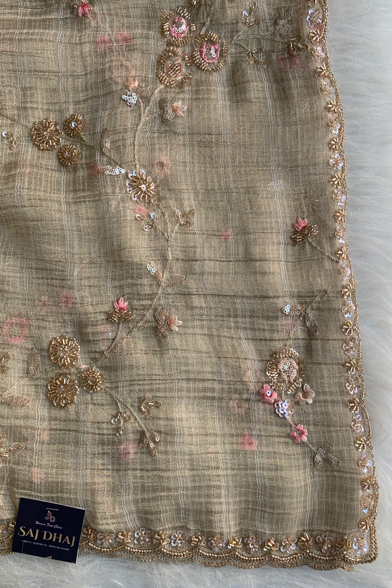 Beige Floral Embellished Tissue Saree 5841 03