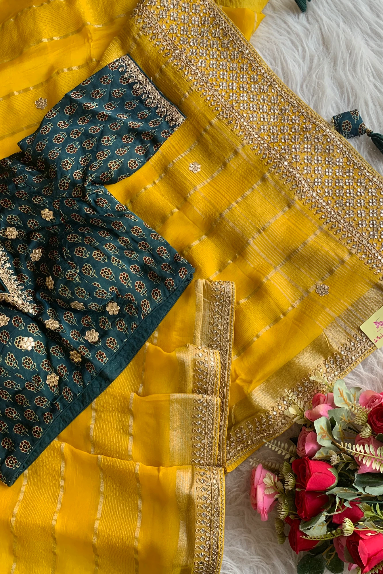 Yellow Banarasi Silk Saree with Green Ajrakh Blouse 5272 09