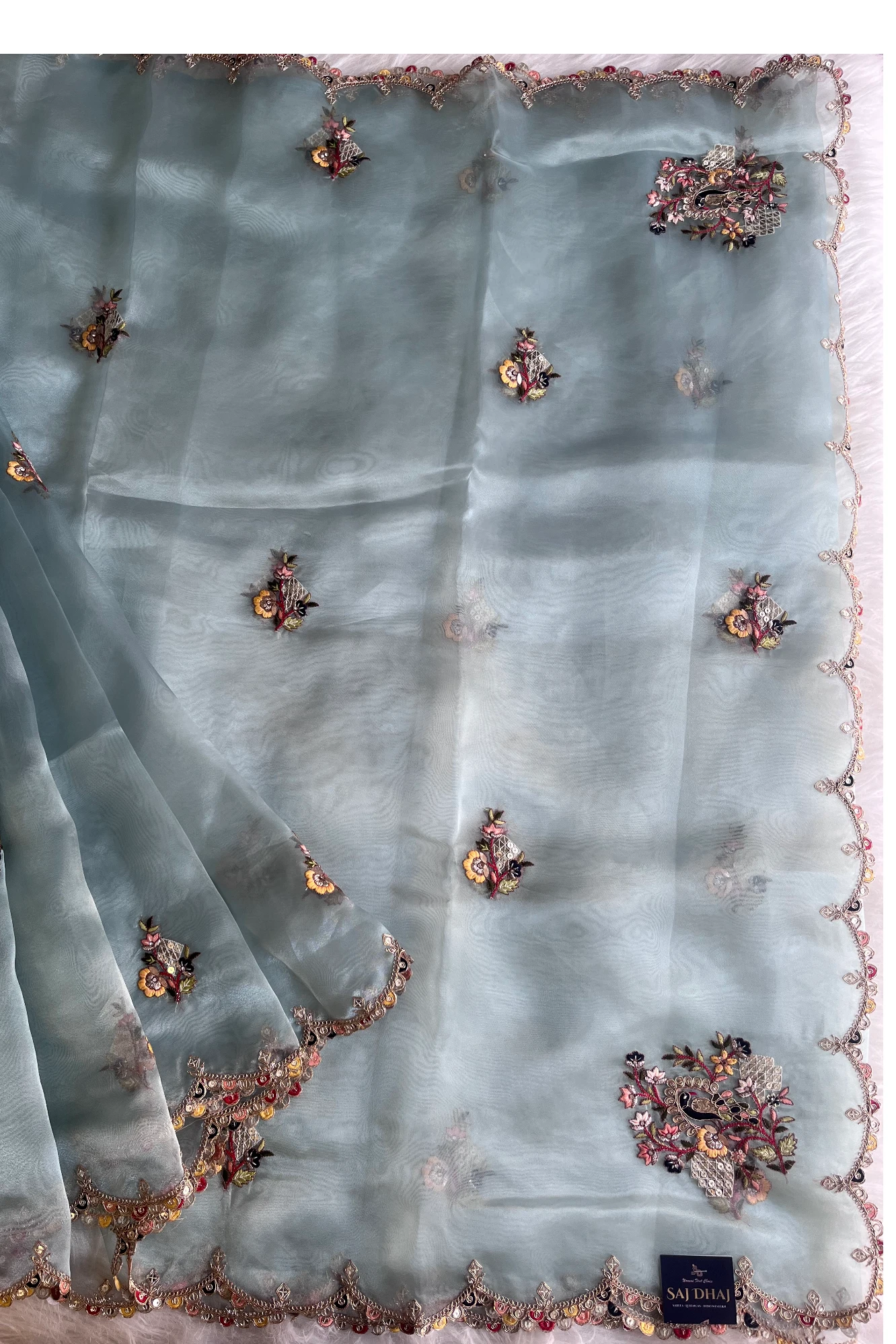 Pastel Sea Blue Reyana Organza Saree 5822 02